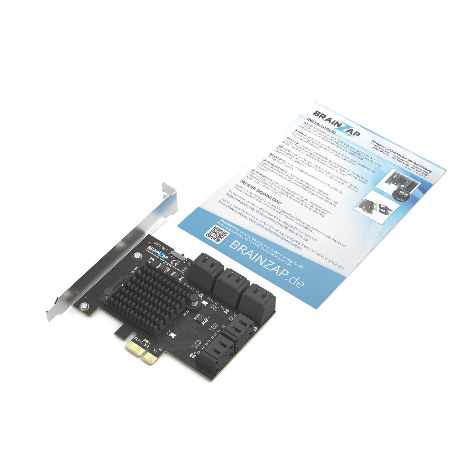 BRAINZAP 10-Port SATA PCIe Controller Modulkarte PCI-Express zu SATA, 10x SATA III 6 Gb/s, PCIe x1