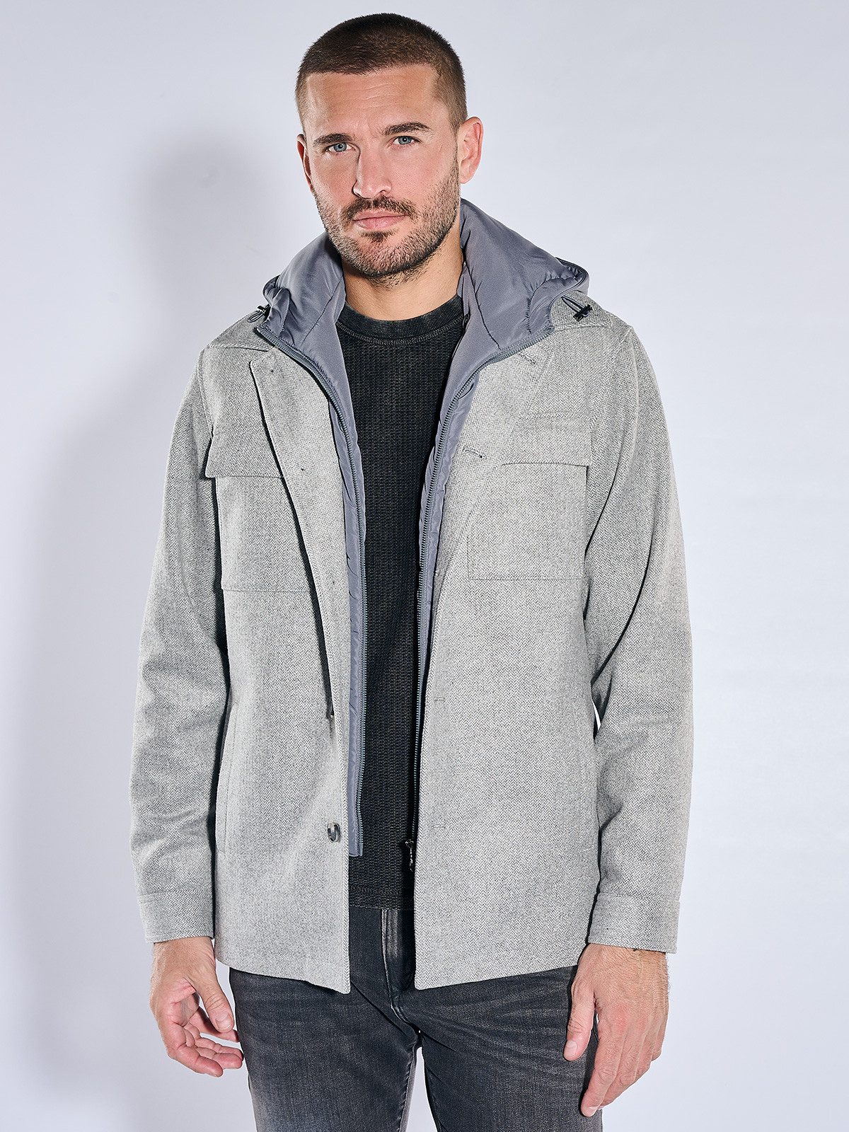 emilio adani Kurzjacke Herren Wolljacke mit abnehmbarer Kapuze, Silbergrau