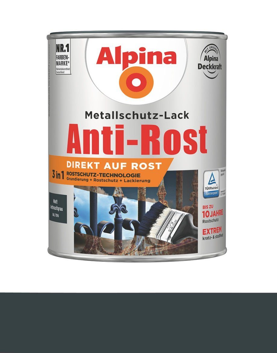 Alpina Metallschutzlack Matt RAL für Alpina ml, Grundierung Anwendung Rostschutz direkt 750 die Anthrazitgrau auf Rost 7016 Metallschutz-Lack Spezialfarbe Anti-Rost