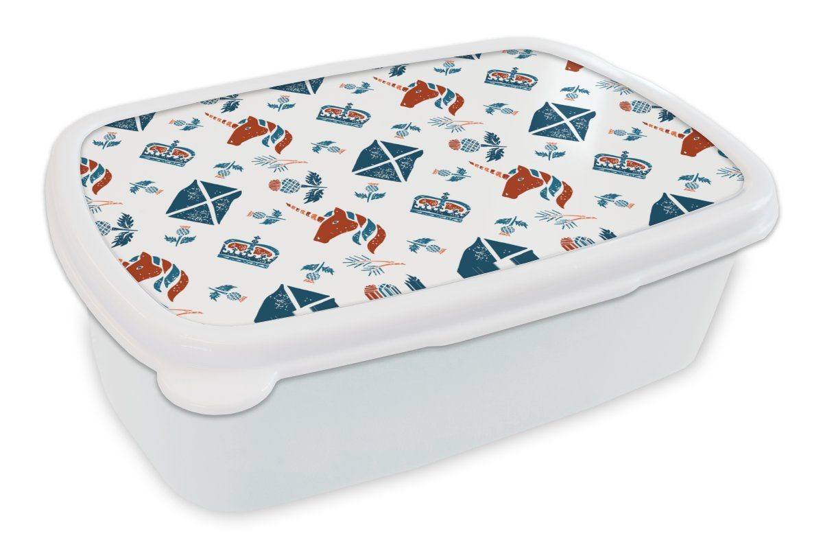 MuchoWow Lunchbox Schottland - Muster - Einhorn, Kunststoff, (2-tlg), Brotbox für Kinder und Erwachsene, Brotdose, für Jungs und Mädchen weiß