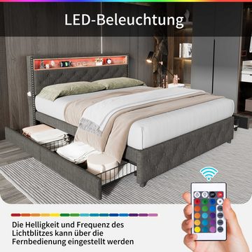 BlingBin Polsterbett mit LED-Kopfteil (1-tlg., Nachttisch-USB-Schnittstelle, 140*200), Das Bett ist mit 4 Schubladen, ohne Matratze
