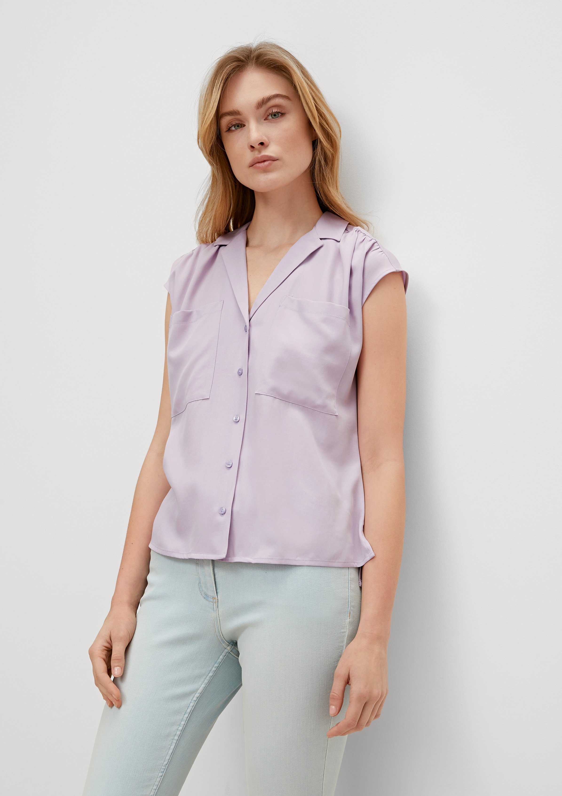 Damen Shirts Comma Kurzarmbluse Bluse mit Reverskragen