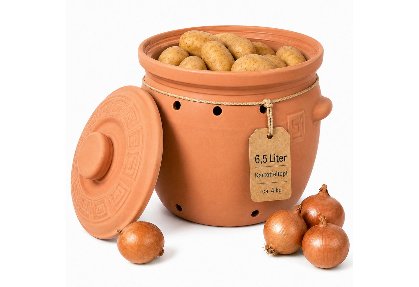 KERAZO Vorratsdose 6,5 Liter Kartoffeltopf & Zwiebeltopf mit Deckel aus Steingut, Natur, Steingut, Ohne Glasur – für dunkle, gut belüftete Kartoffellagerung