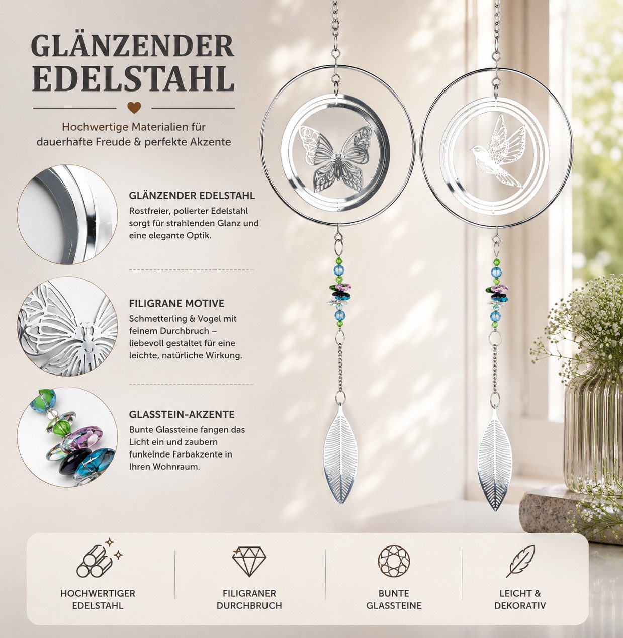 formano Dekohänger 2er Set Fensterdeko Edelstahl Kreis Hänger mit Schmetterling & Vogel (2-er Set)