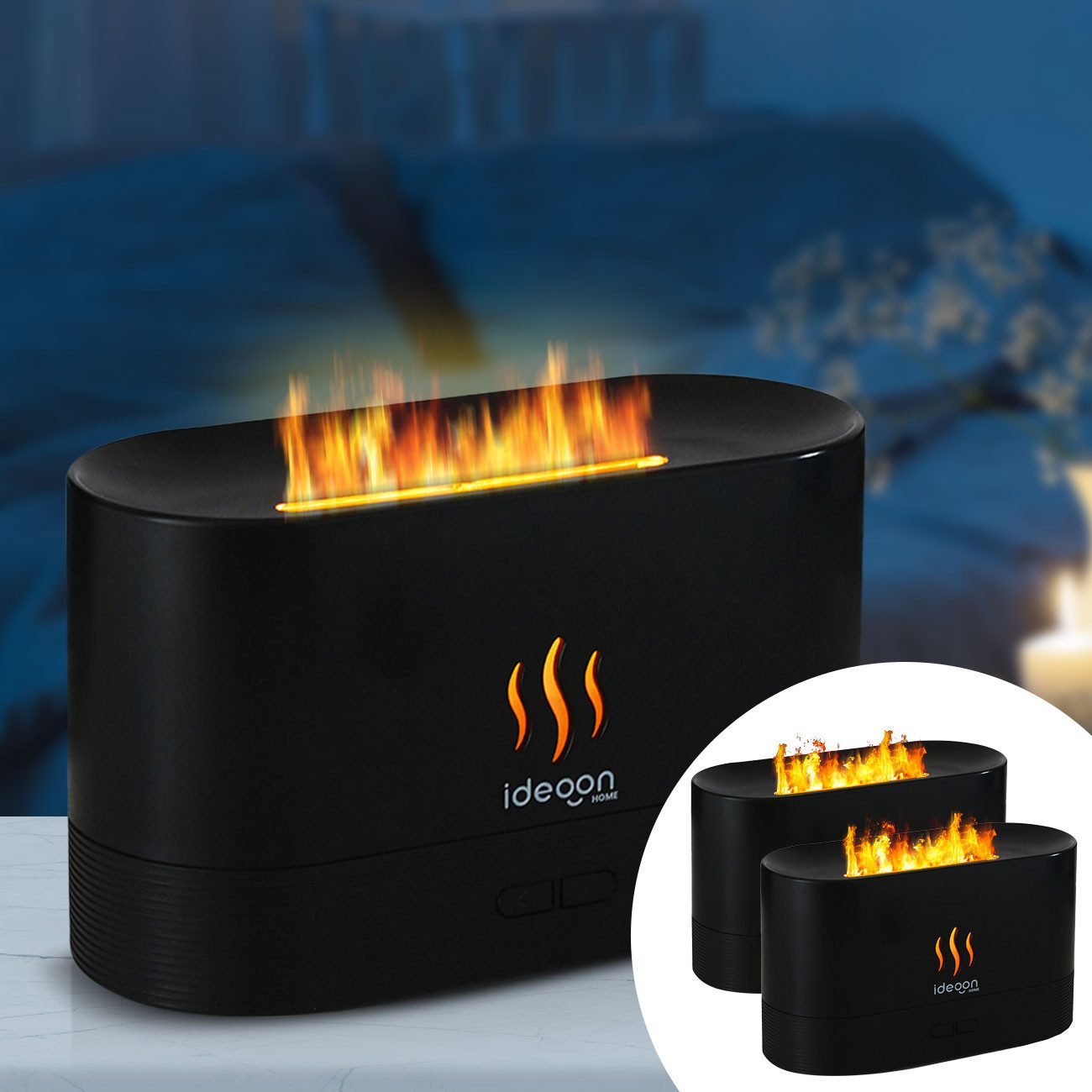 shop'n smile ideoon Diffuser Aroma Diffuser mit Flammeneffekt Ultraschall 10h Duftbefeuchter USB-C, 2 Helligkeitsstufen, Auto-Stop bei Leerstand, Tankkapazität 180 ml