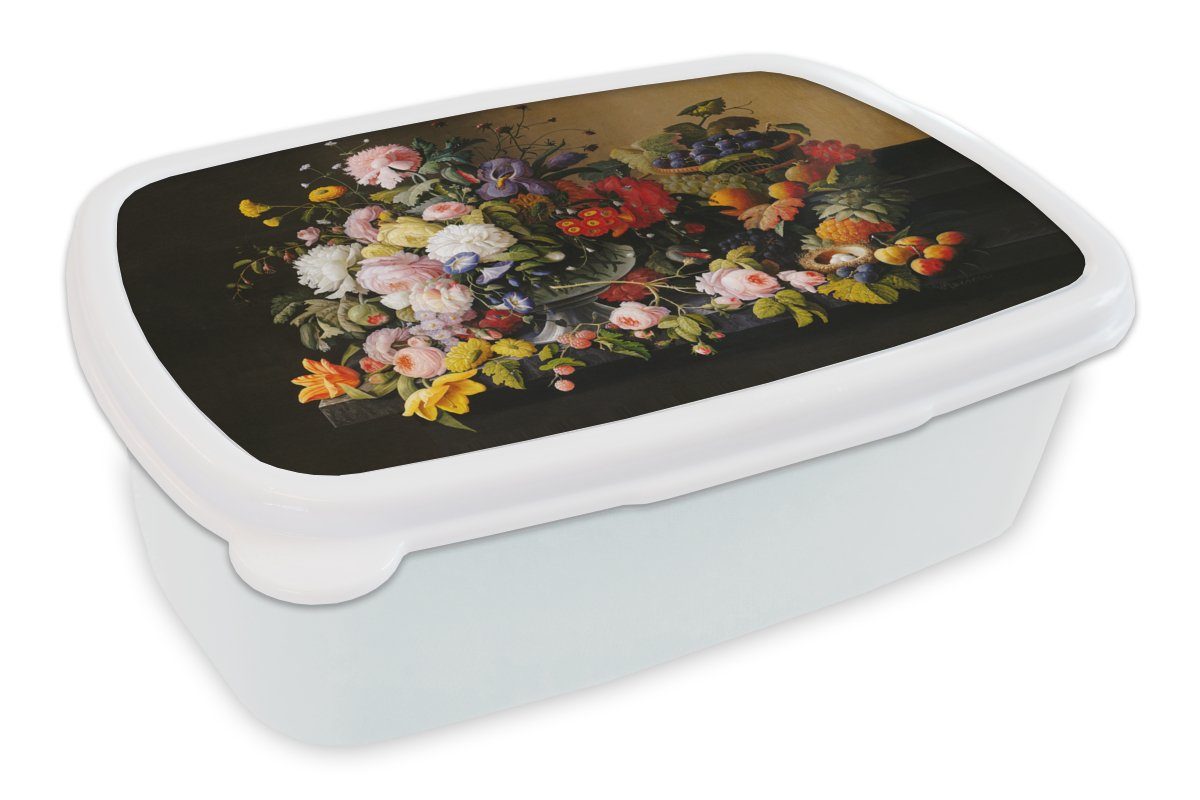 MuchoWow Lunchbox Brotdose, mit Stilleben weiß - und Erwachsene, Meister, (2-tlg), Mädchen Jungs Kunstwerk Alte - Früchten für für und Brotbox Blumen Kunststoff, und Kinder