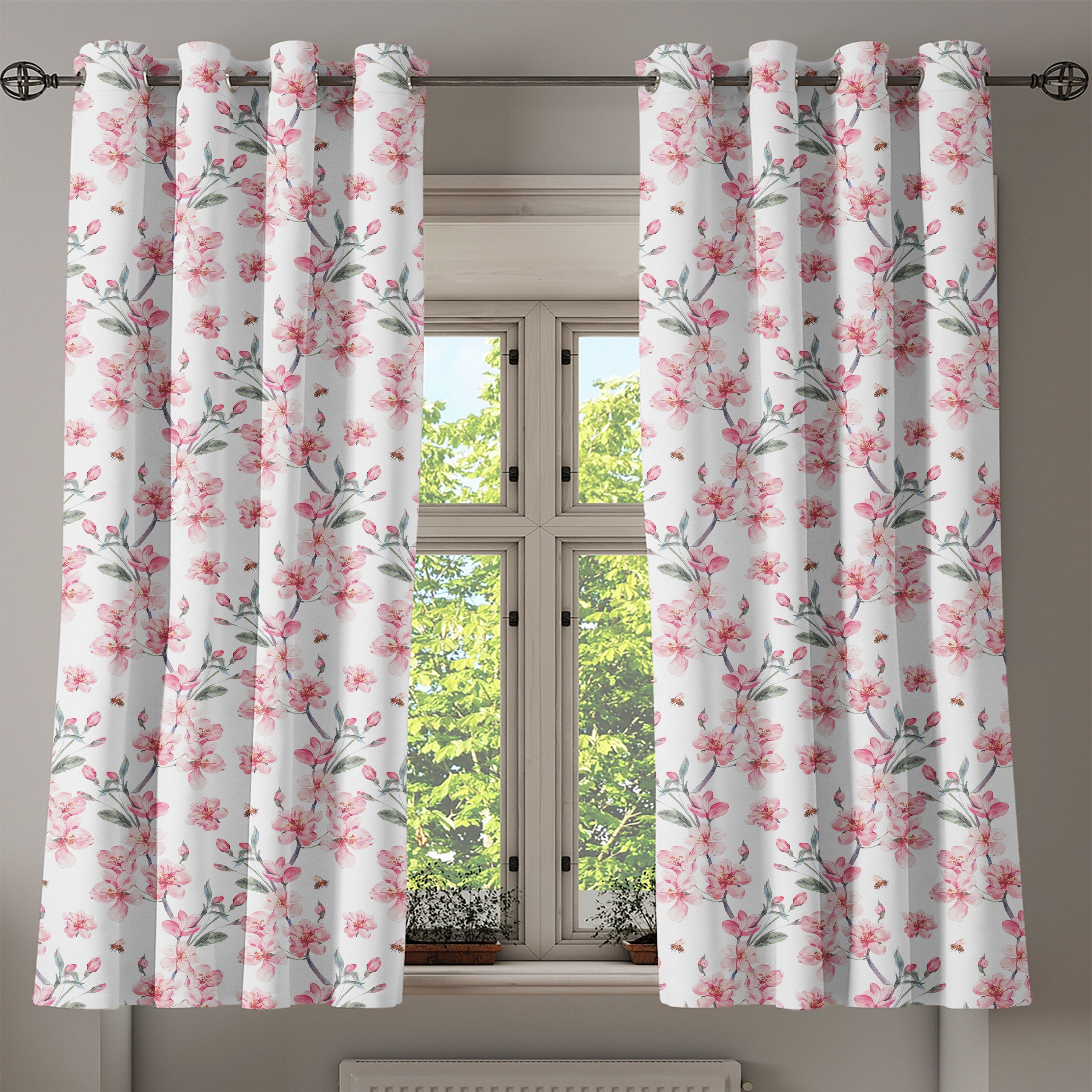 Aquarell für Wohnzimmer, Cherry Sakura Gardine Garden Abakuhaus, Schlafzimmer Dekorative 2-Panel-Fenstervorhänge