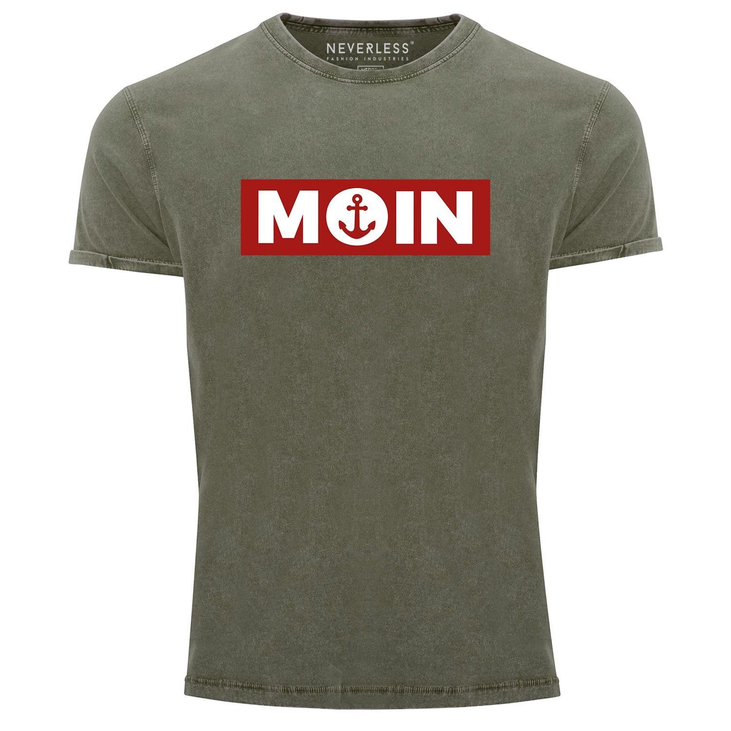 Neverless Print-Shirt Slim Vintage mit norddeutsch Herren oliv Used T-Shirt Neverless® Print Aufdruck Morgen Shirt Printshirt Fit Moin Look Anker