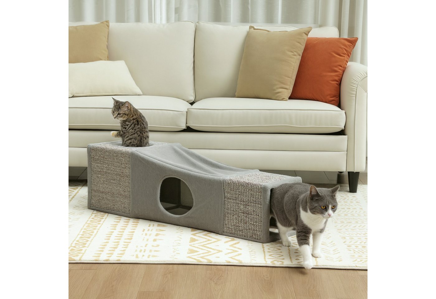 Thumbnail - PawHut Tiertunnel mit Spielball, Faltbarer Spieltunnel aus Sisal, Kombiniertes Design, Spanplatte, Sisal, Kombiniertes D...