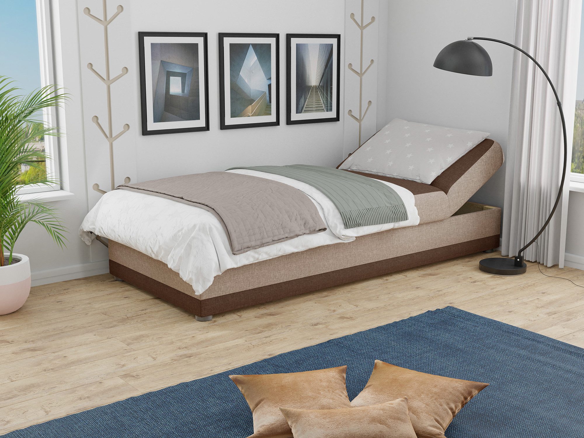 Sofnet Polsterbett Andre (mit Bettkasten und Bonell-Matratze), Einzelbett, Kinderbett, Schlafsofa - Regulierbarer Rückenlehne