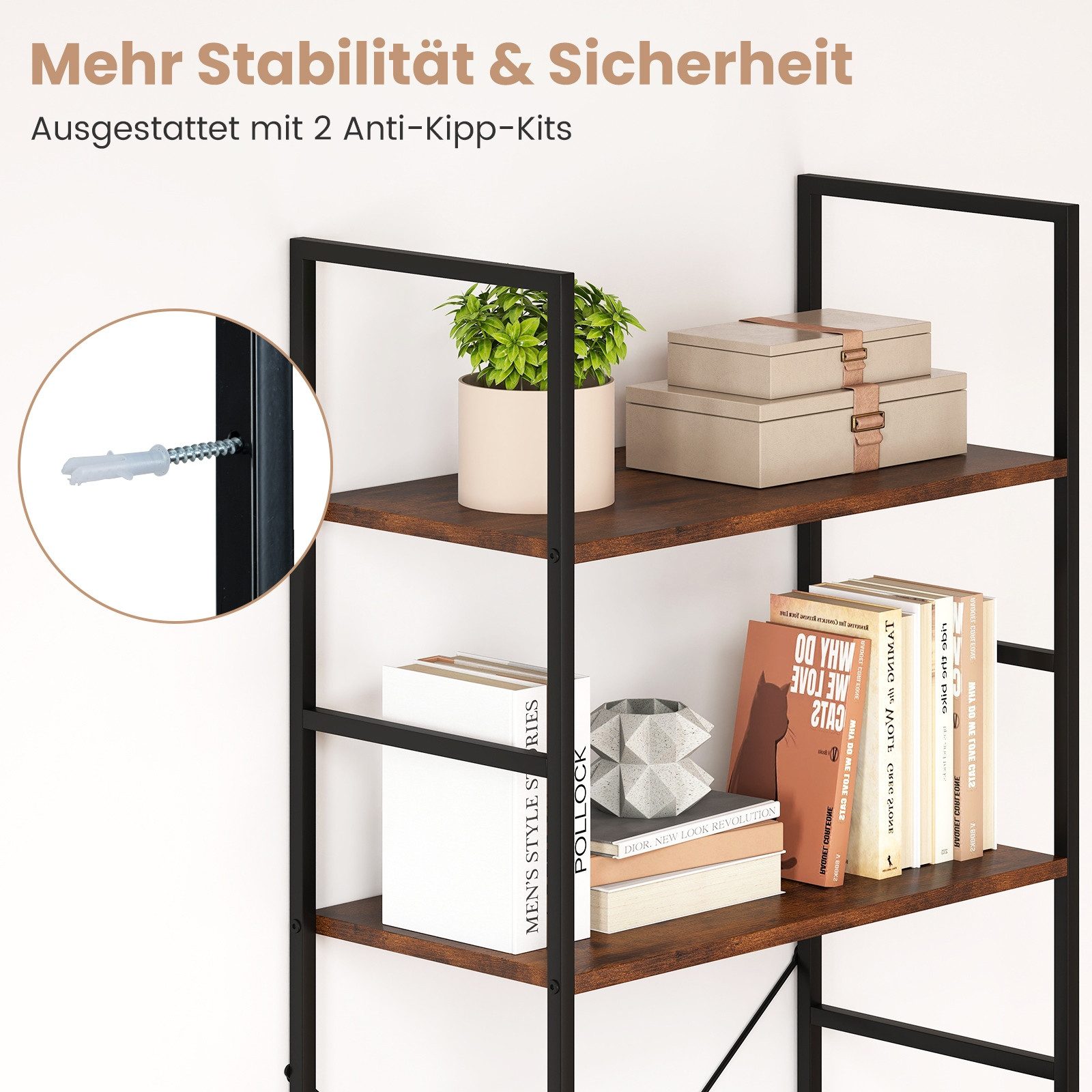 COSTWAY Bücherregal, 160 cm Standregal mit 5 Ebenen, Metallrahmen Holz