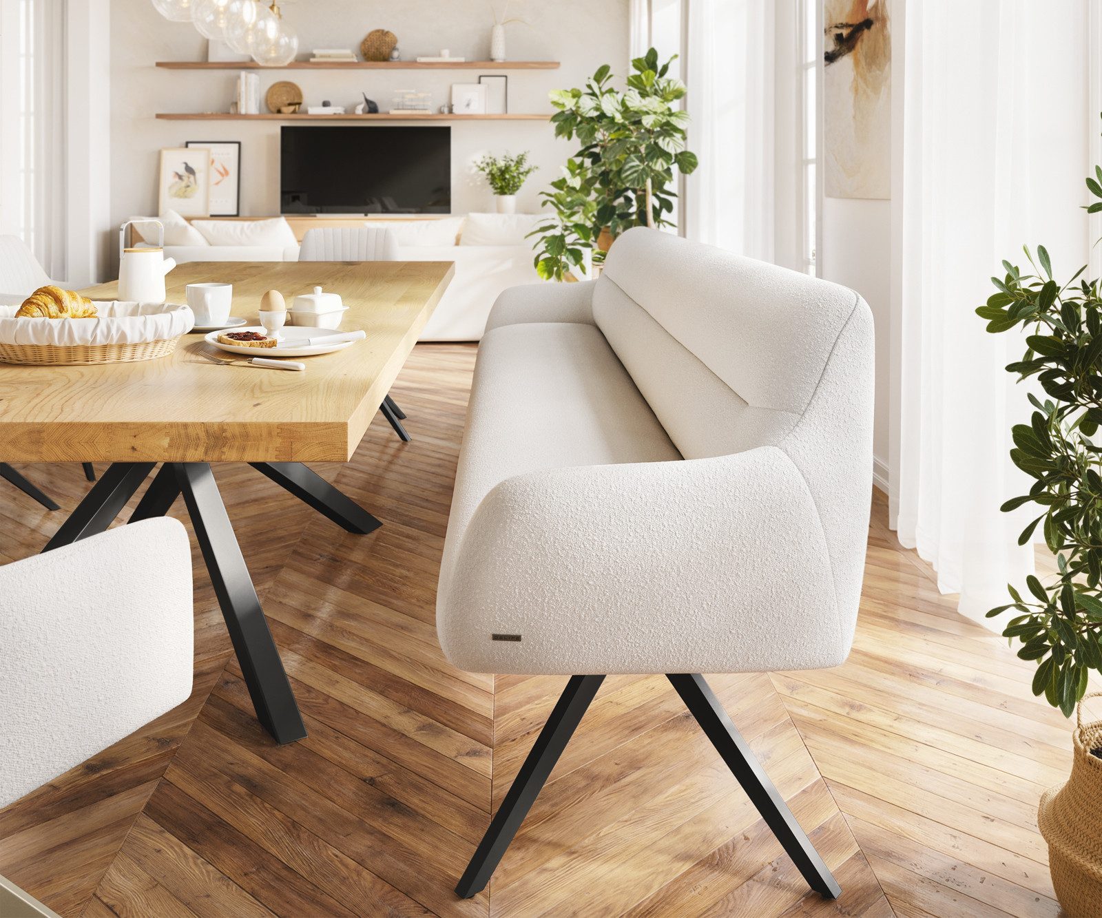 DELIFE Essbank Taya-Flex, 300 cm Kreuzgestell kantig Schwarz Bouclé Creme-Weiß Taschenfederkern