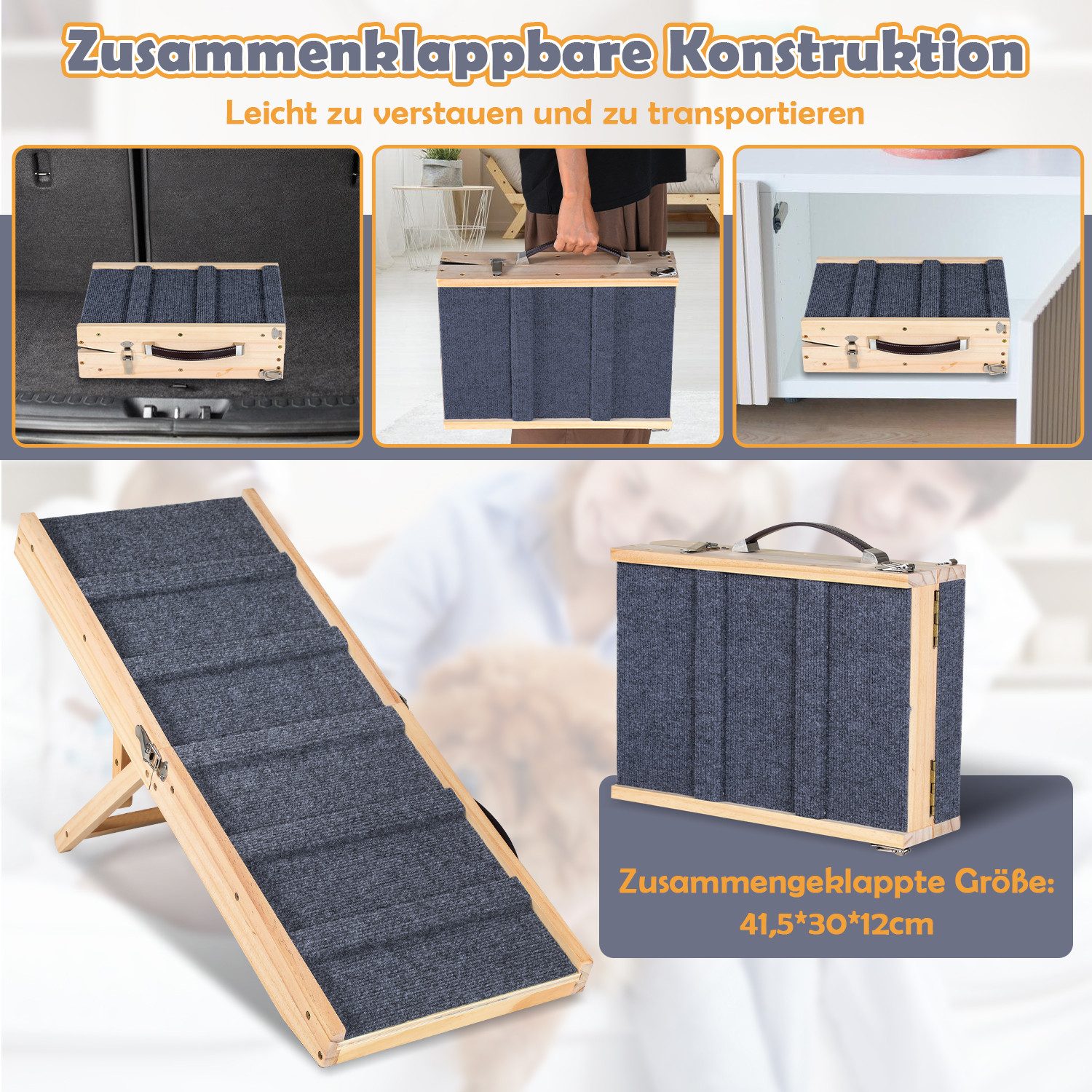 Clanmacy Hunderampe Hunderampe Klappbar aus Holz 4 Stufen Verstellbar Anti Rutsch Rampe (1-St), Holzklappbare, Anti Rutsch