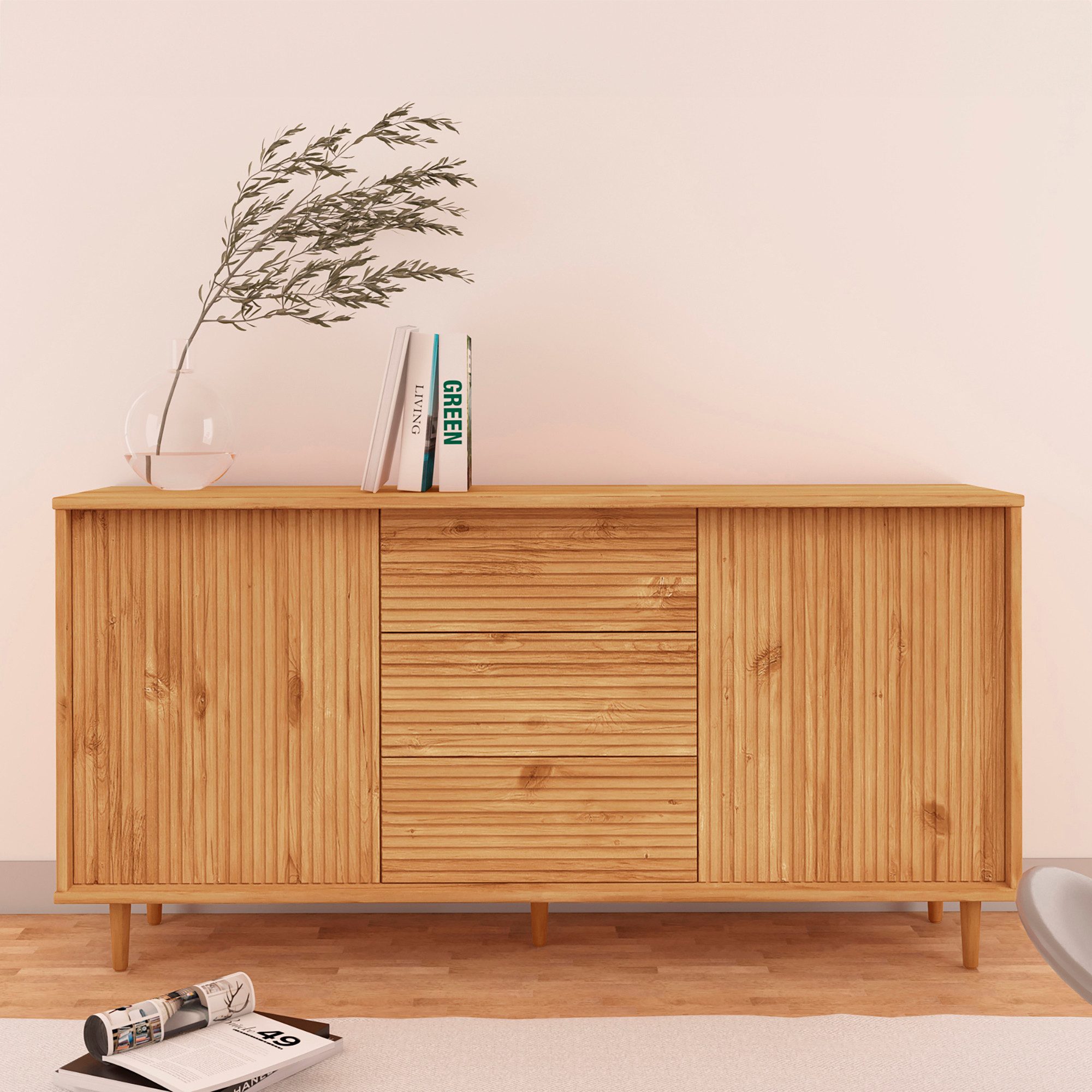 OTTO home Sideboard Malmedy Front mit gefrästen Rillen, Kommode aus massivem Kiefernholz, Push-to-open, Breite 160 cm