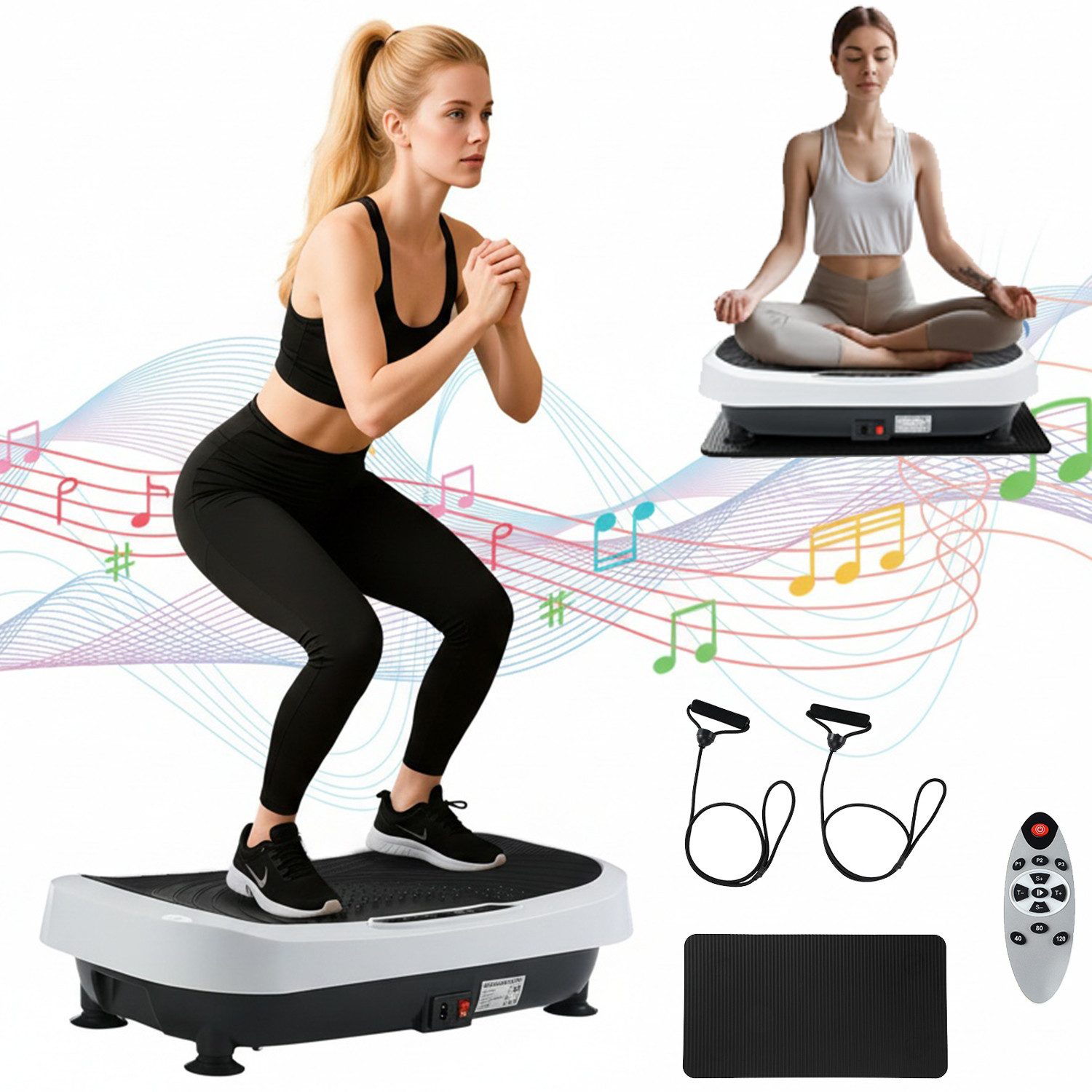 oyajia Vibrationsplatte Multifunktionaler Vibrationsplatte mit Bluetooth-Musik,3 Programmen, 200 W, 120 Intensitätsstufen, Rüttelplatte Sport für zuhause mit Yogamatte, 2 Widerstandsbändern