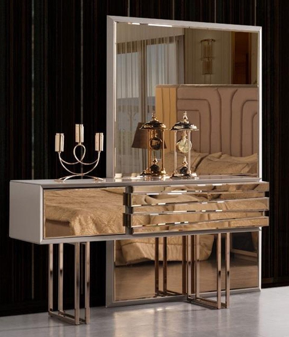 JVmoebel Schminktisch Eleganter Schminktisch Beige Goldener Konsolentisch aus Holz SOFORT (Schminktisch), Made in Europa