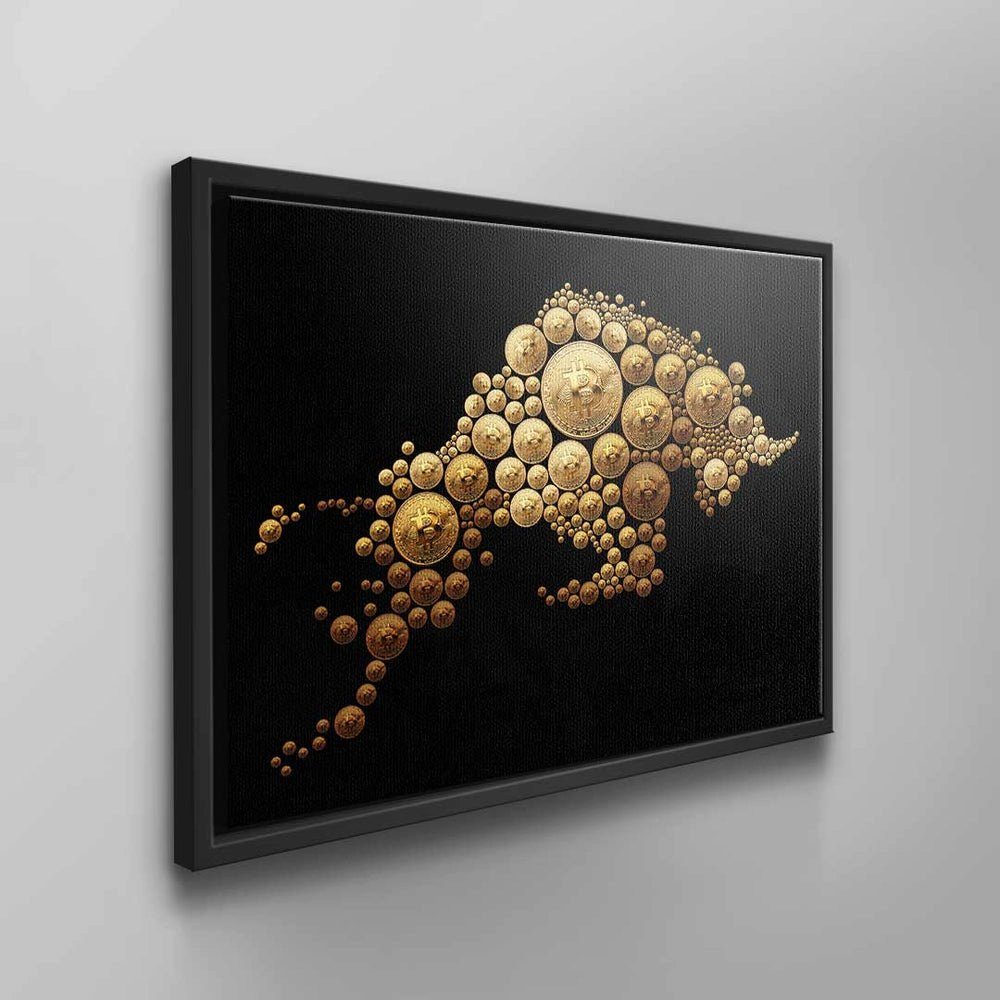 DOTCOMCANVAS® Tier Krypto schwarz schwarzer Bitcoin Rahmen Bulle Wandbild Bitcoin Leinwandbild Bitcoin Bulle Bulle, Goldmünze