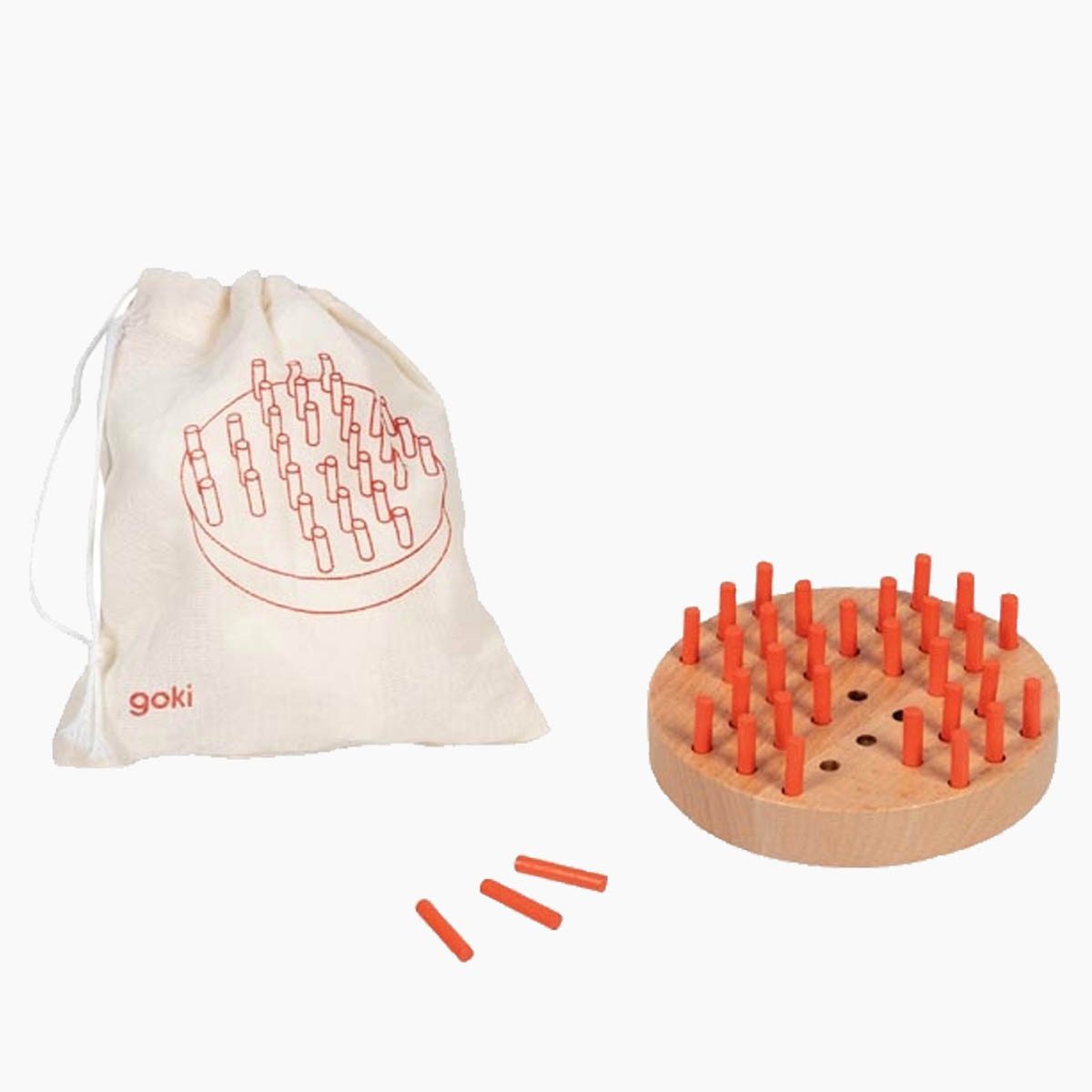 goki Spielesammlung Solitaire im Baumwollbeutel, geselschaftsspiel, Kompaktes Holz-Steckspiel ideal für Camping