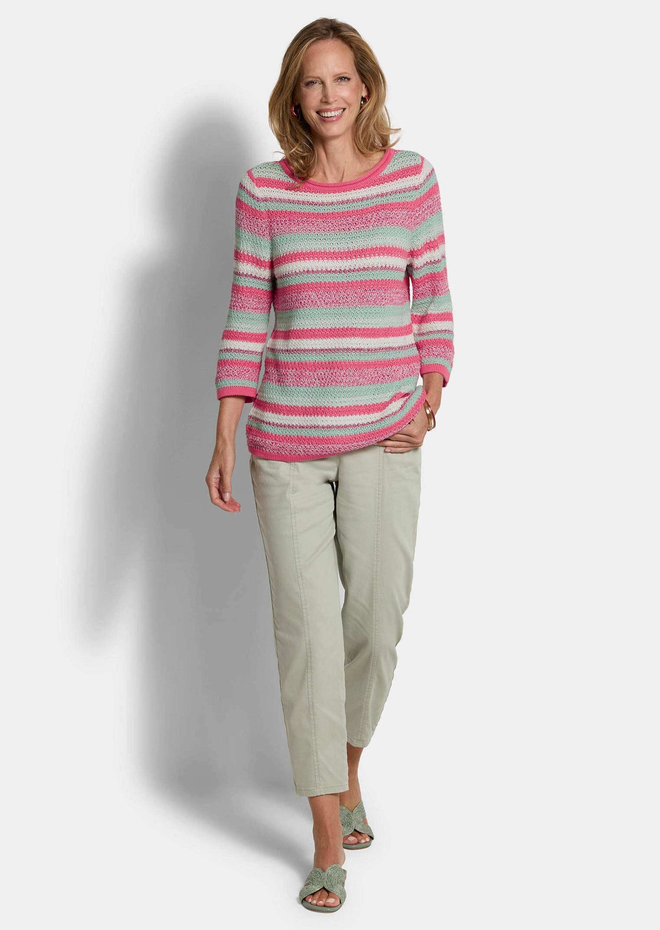 GOLDNER Strickpullover Kurzgröße: Baumwollpullover mit Ringel-Muster Ringelpullover mit U-Boot-Ausschnitt, Rollkante und 3/4-Arm