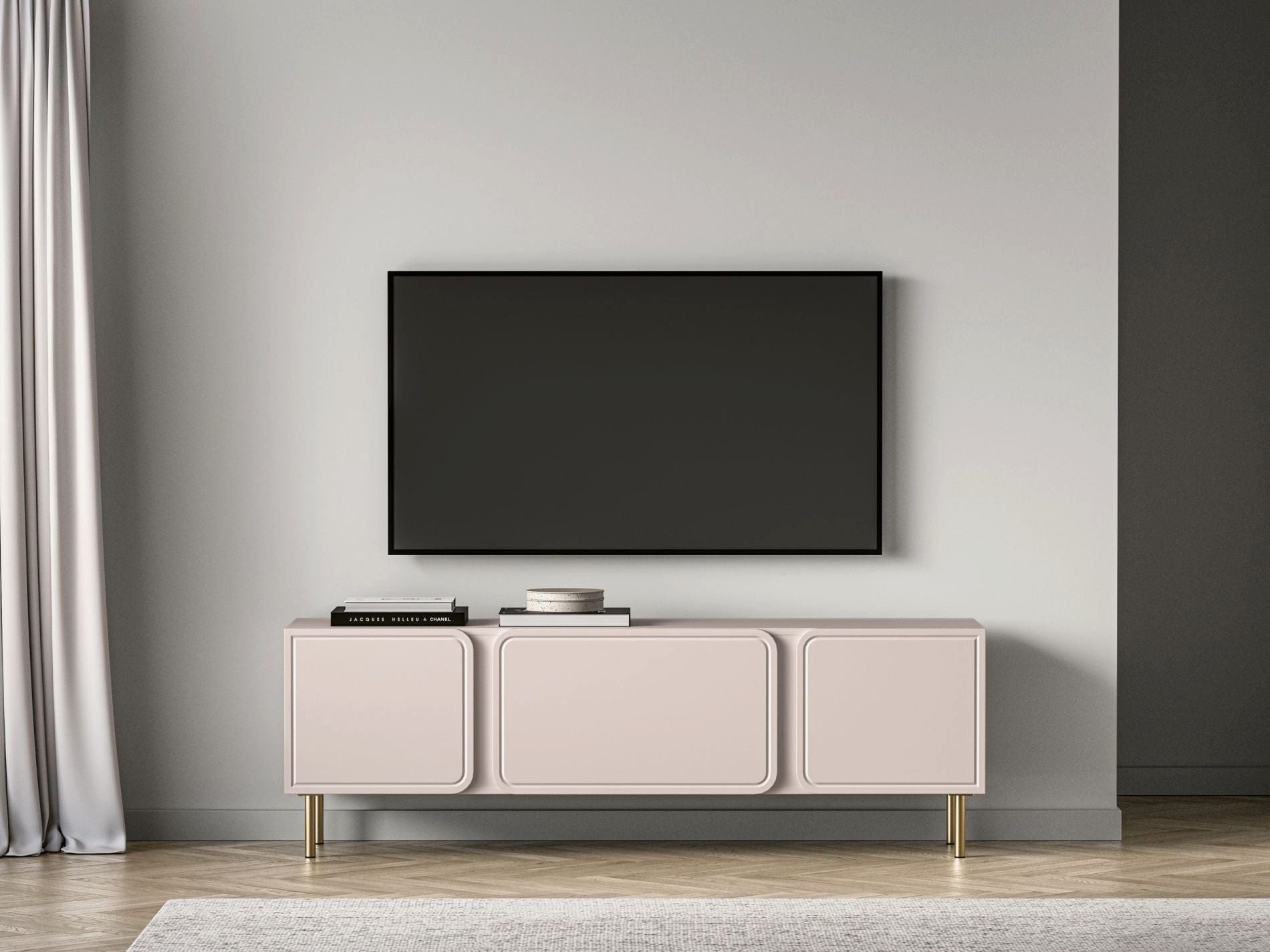 Selsey TV-Schrank LOPPA TV-Lowboard mit 2 Türen & Klappe, Push-to-Open, kaschmirbeige/gold
