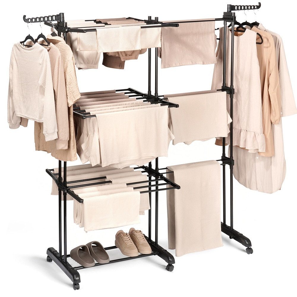 Vilde Turmwäscheständer 130x64x172 cm XXL 78 Metall ausziehbar mit 3 Ebenen und Rollen, mobil, mit Rollen