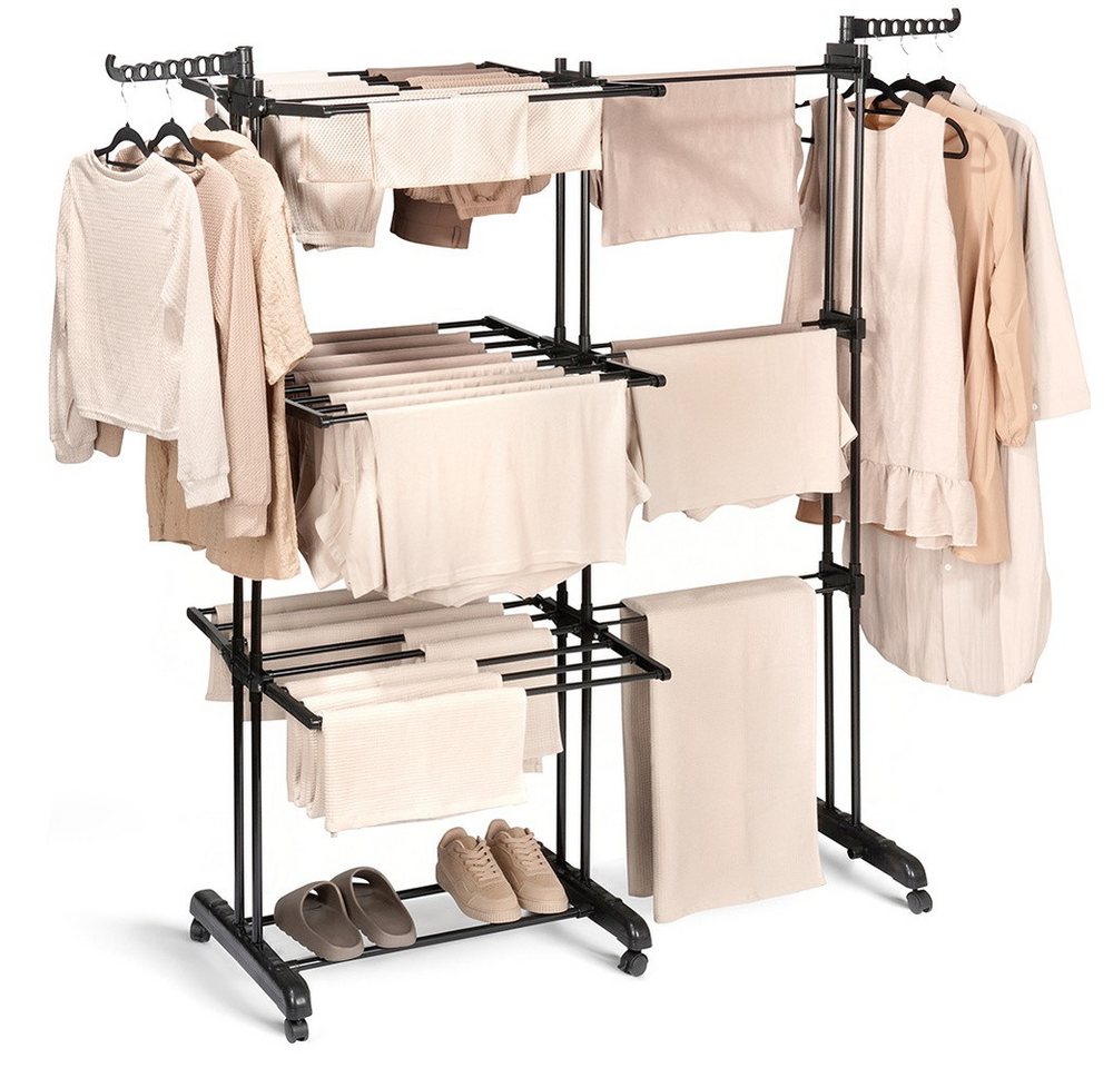 Vilde Turmwäscheständer 130x64x172 cm XXL 78 Metall ausziehbar mit 3 Ebenen und Rollen, mobil, mit Rollen