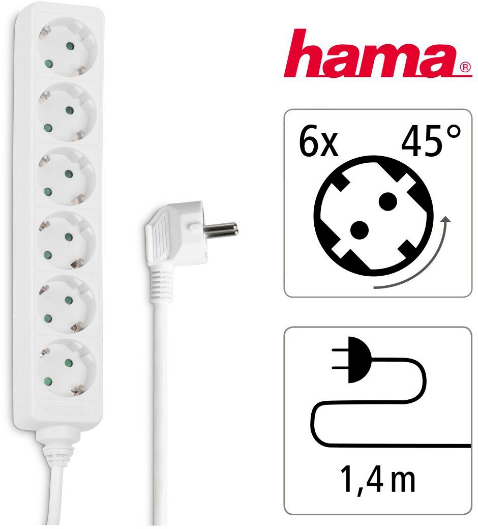 1,4 Weiß erhöhtem Steckdosenleiste Steckdosenverteiler 6-fach mit Berührungsschutz, Hama (Kabellänge m), 6-fach