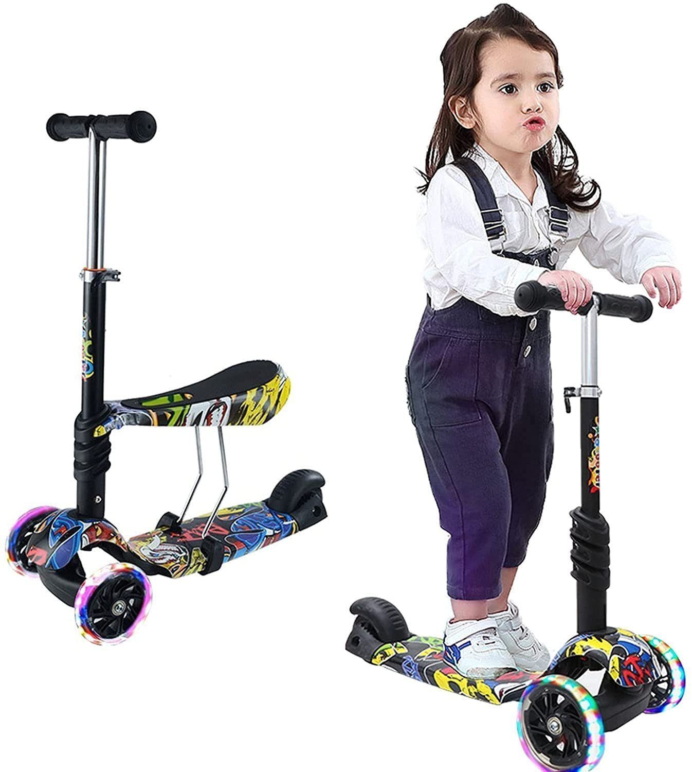 3-in-1 LED Kinderroller Scooter 3-Räder Push Roller verstellbare Höhe mit Sitz 