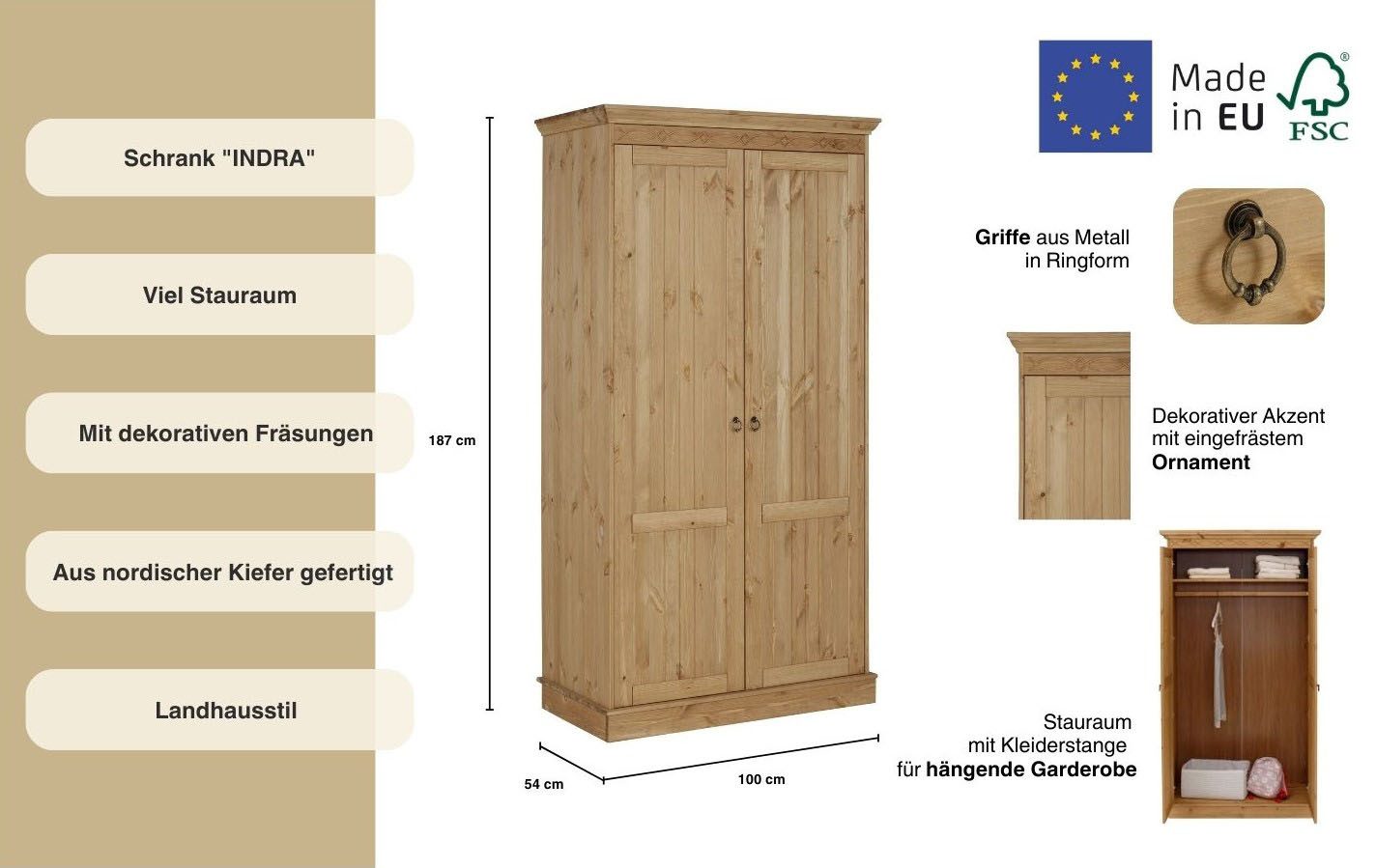 OTTO home Kleiderschrank Indra (3 Breiten: 100/145/233 cm H/T ca.187/54 cm) aus massiver Kiefer, mit Spiegel bei der 3- und 5trg.Variante