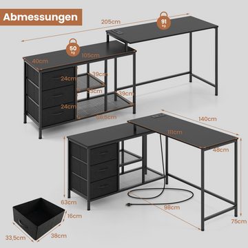 COSTWAY Eckschreibtisch, reversibler Ecktisch mit Steckdose & 3 Schubladen