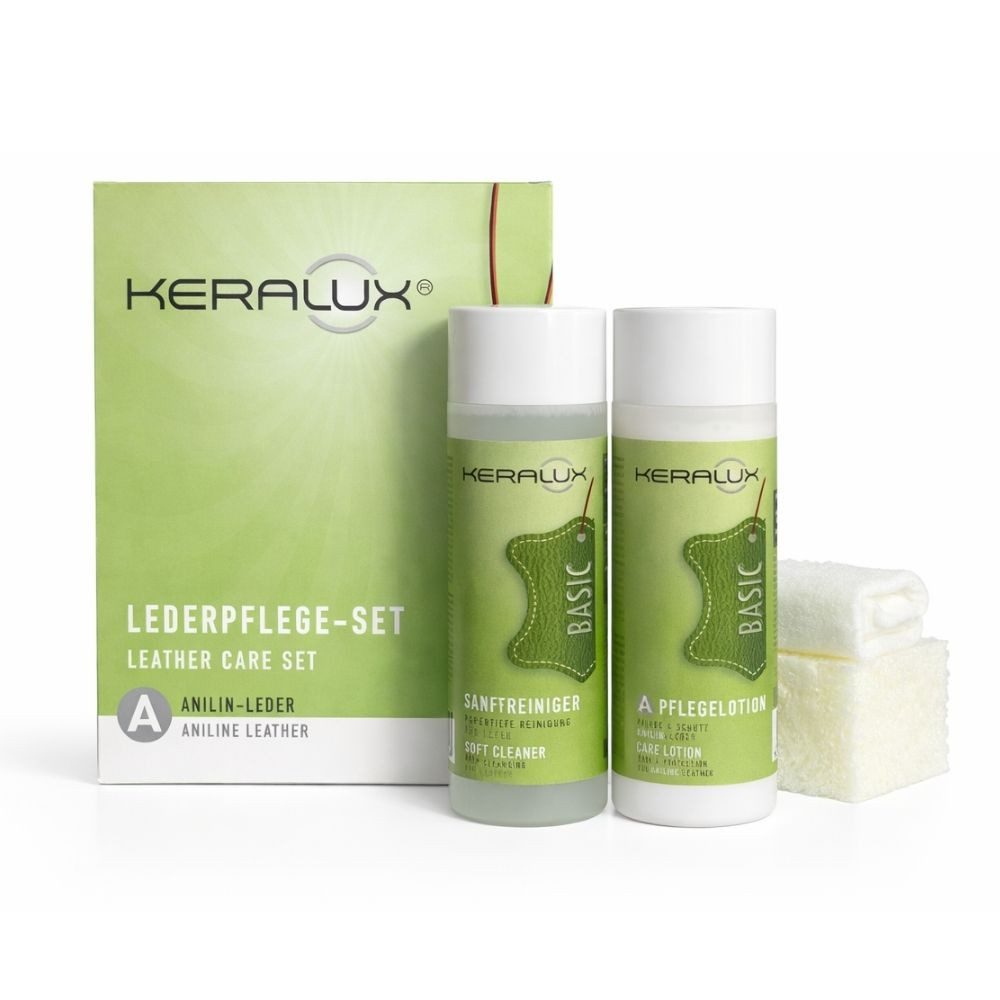 LCK KERALUX® Anilin-Leder Lederpflegeset (für offenporiges, naturbelassenes, nicht-pigmentiertes Leder), 4-tlg., inkl. Lederreiniger und Pflege