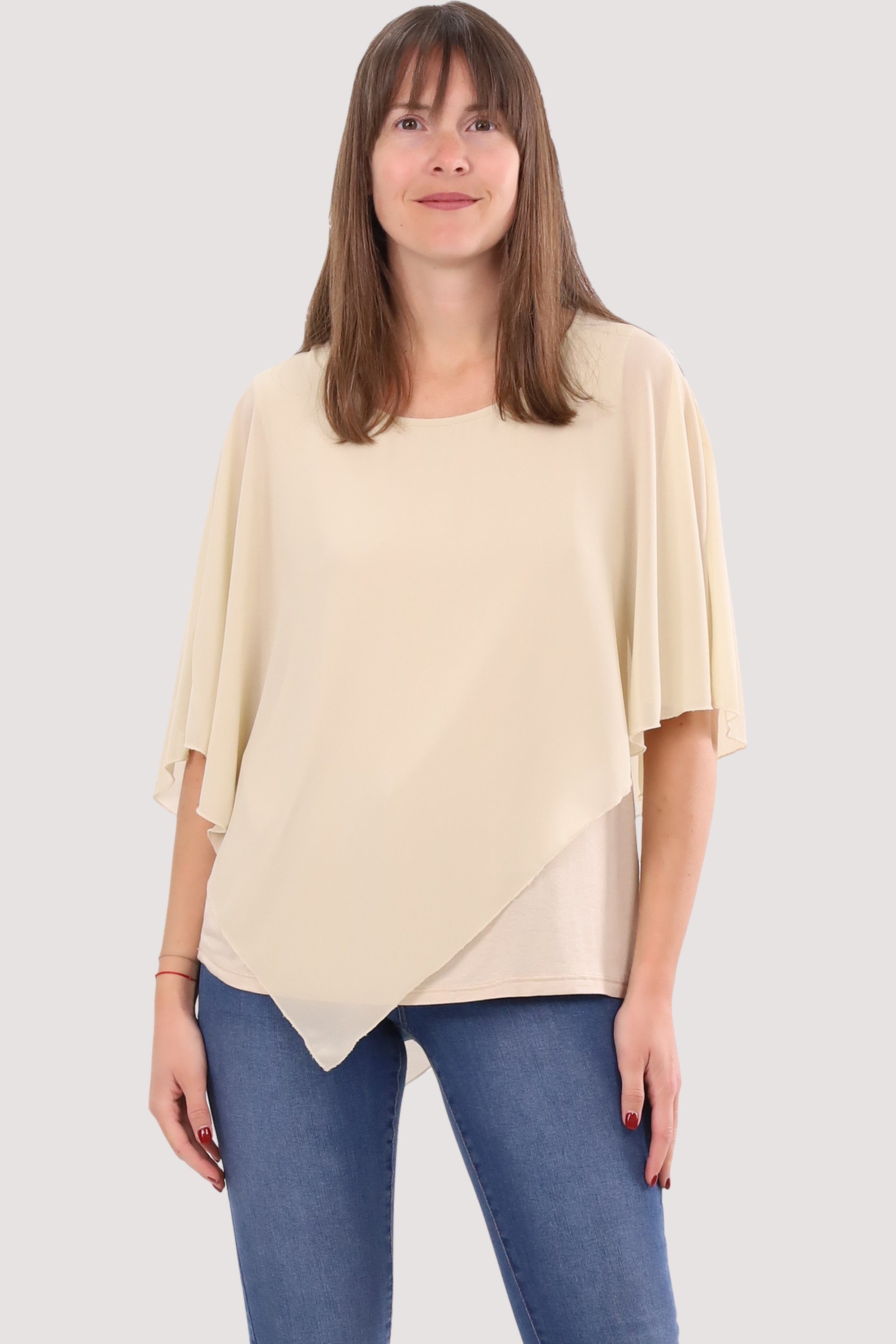 Einheitsgröße 10732 Chiffonbluse more Schlupfbluse than malito geschnitten fashion asymmetrisch Blusenshirt beige