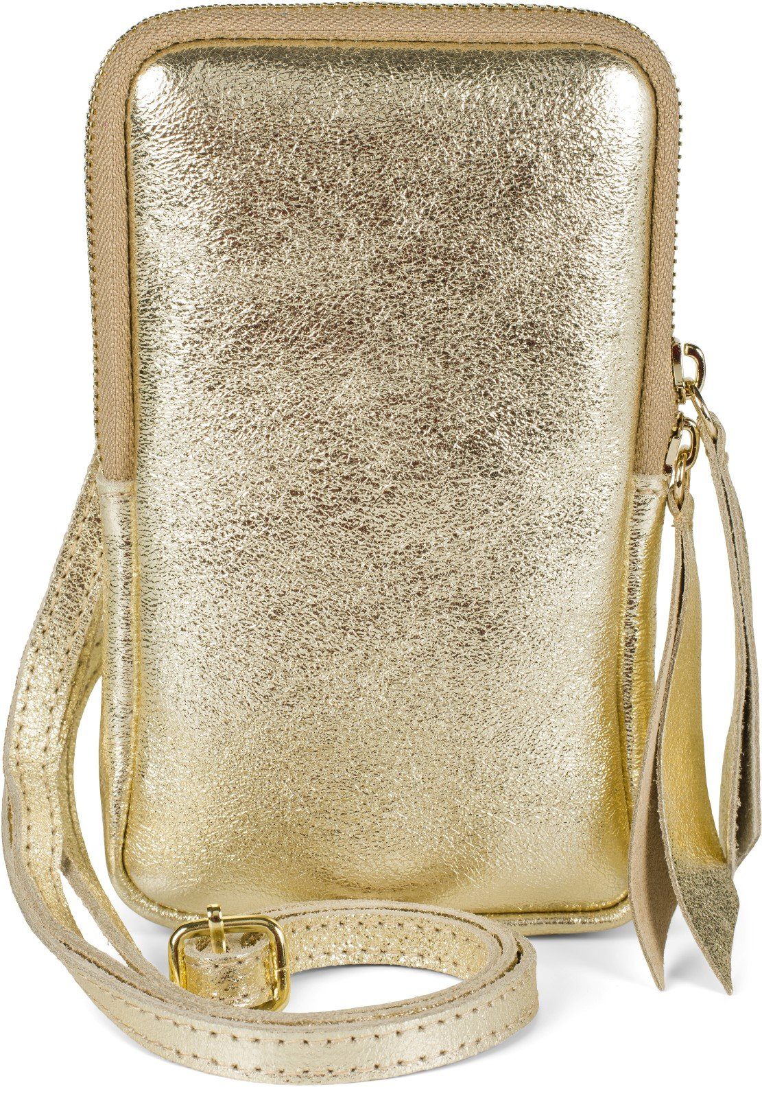 styleBREAKER Mini Bag (1-tlg), Echtleder Handy Umhängetasche Veloursleder Gold