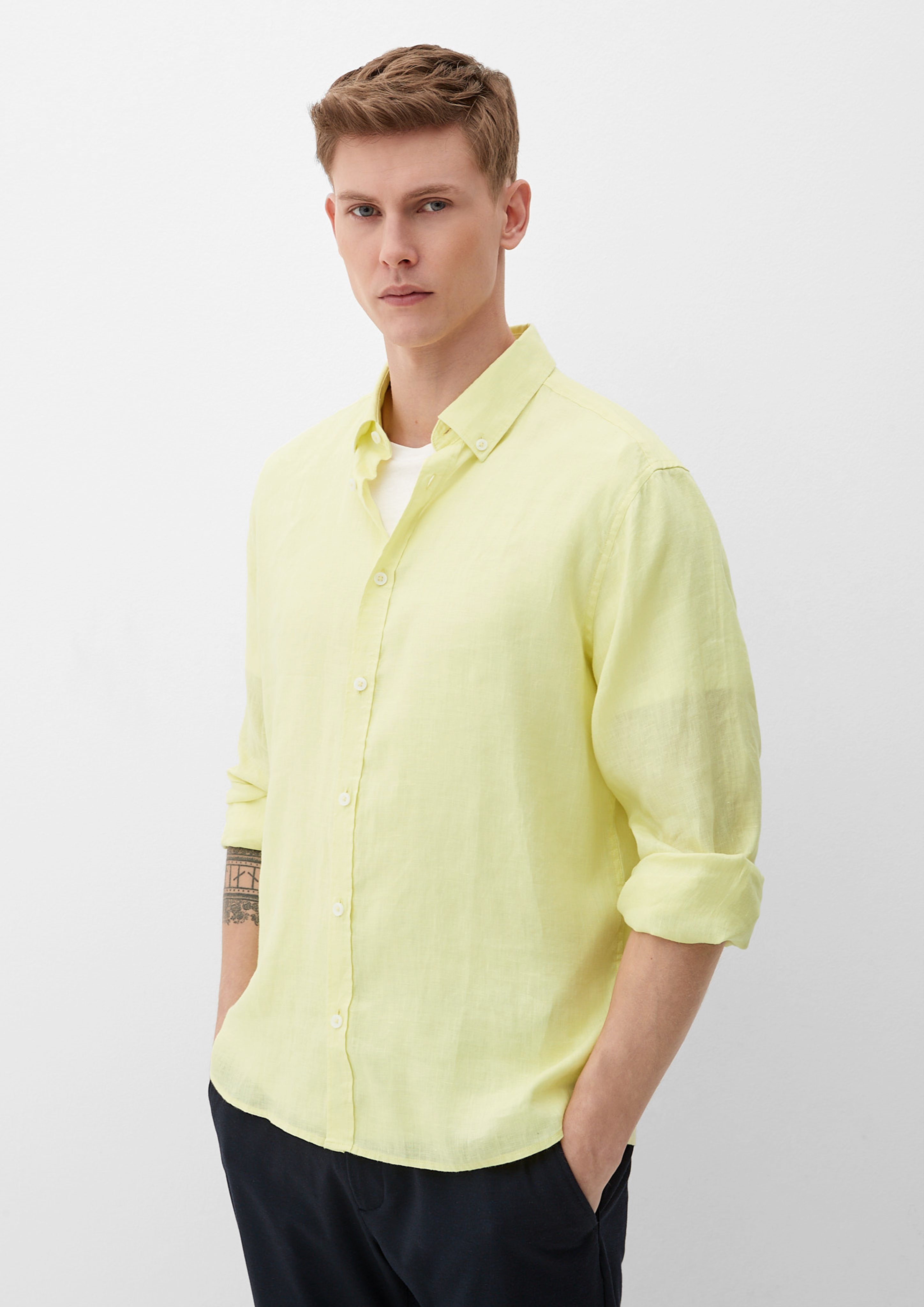 limettengrün s.Oliver Leinenhemd Button-Down-Kragen mit Langarmhemd