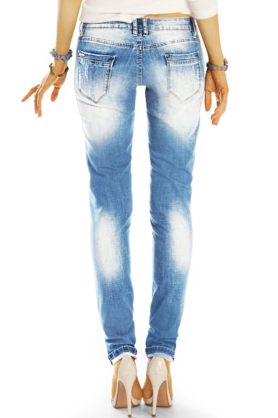 mit styled waist Destroyed-Jeans Röhrenjeans Hüftjeans Jeans- j14k-4 Vintage - 5-Pocket-Style Hosen Stretch-Anteil, be Slimfit Damen zerissene low Skinny