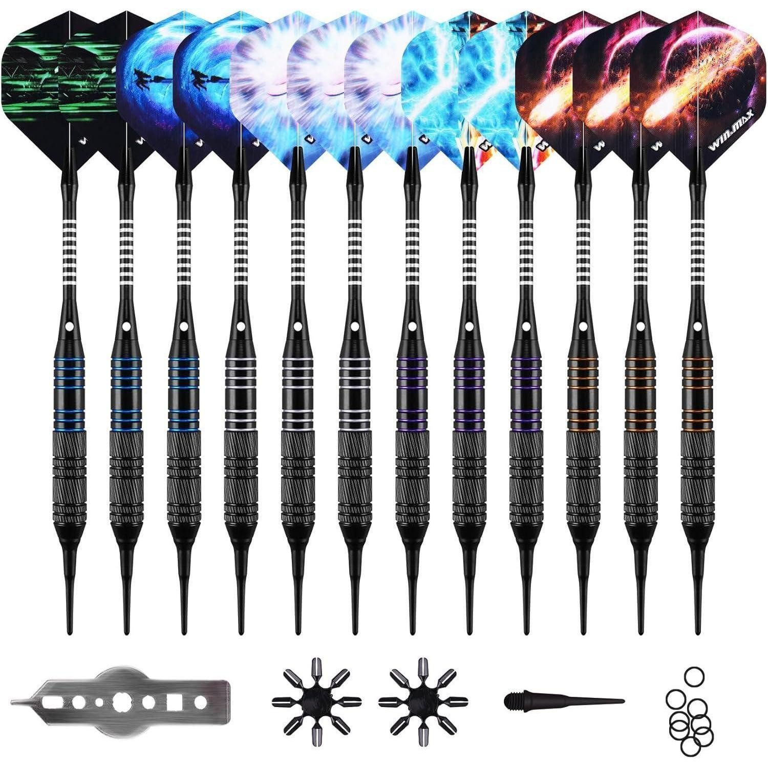 LuxusKollektion Softdarts Dartpfeile Kunststoffspitze Softdarts 12er blau silbrig Lila orange