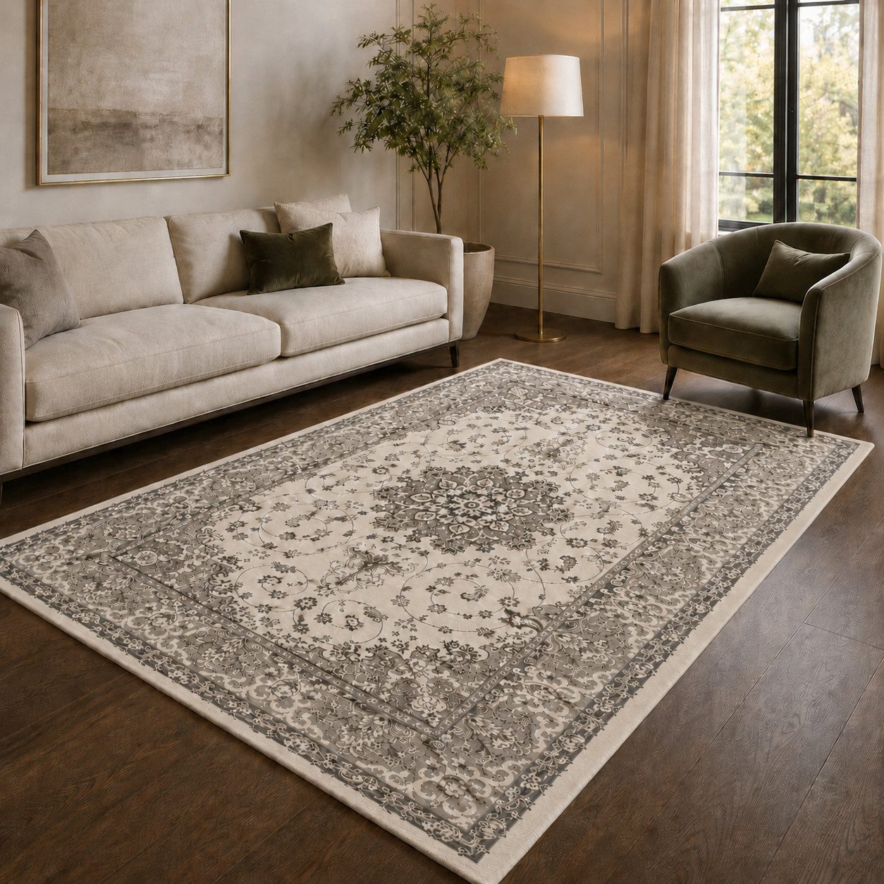 Vimoda Teppich Vero, Orientteppich Creme orientalischer Kurzflor Teppich, Rechteckig, Höhe: 10 mm, Ornament Muster, Pflegeleicht, weich, Wohnzimmer, Schlafzimmer
