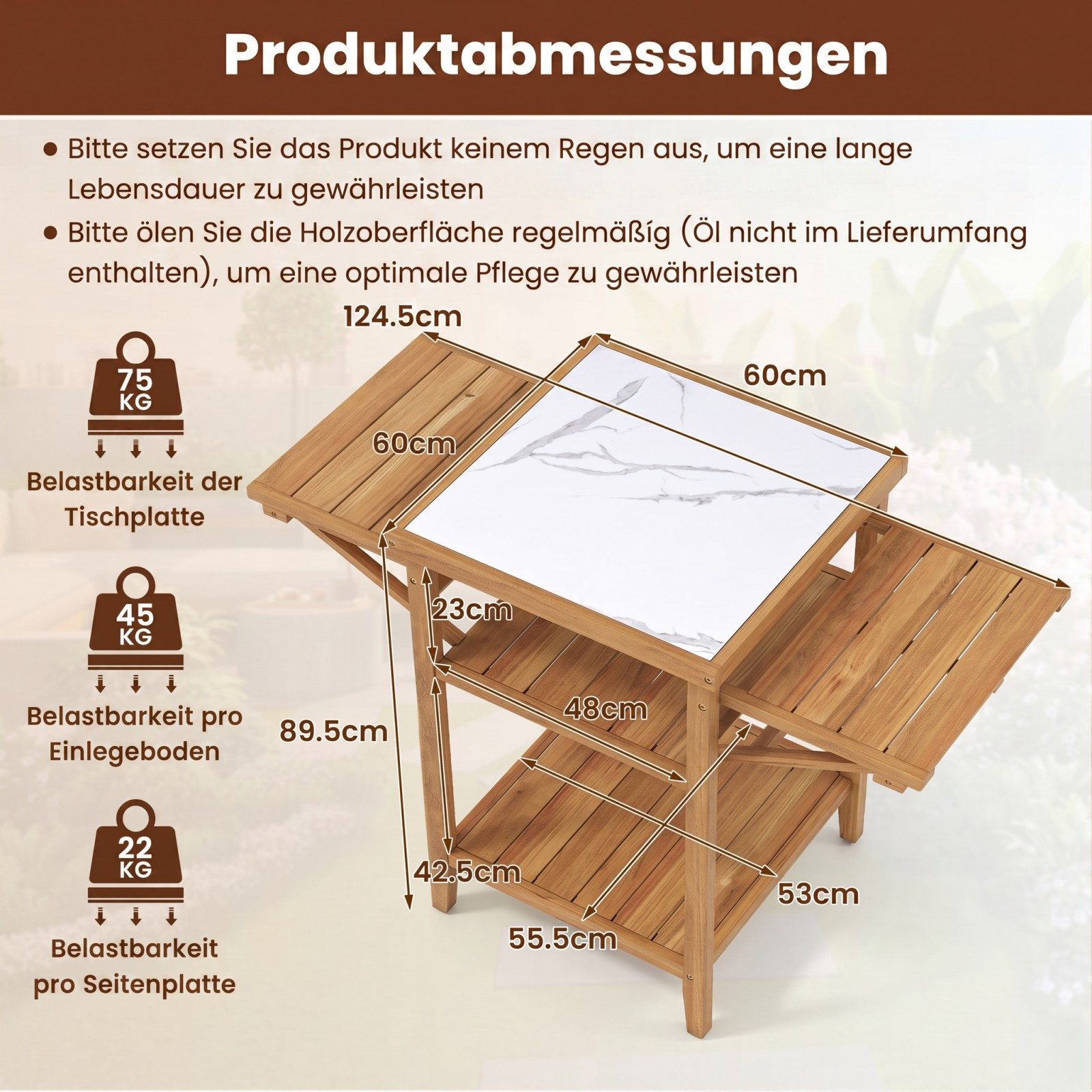 KOMFOTTEU Gartentisch, Grilltisch mit klappbaren Seitenablage & 2 offene Ablagen