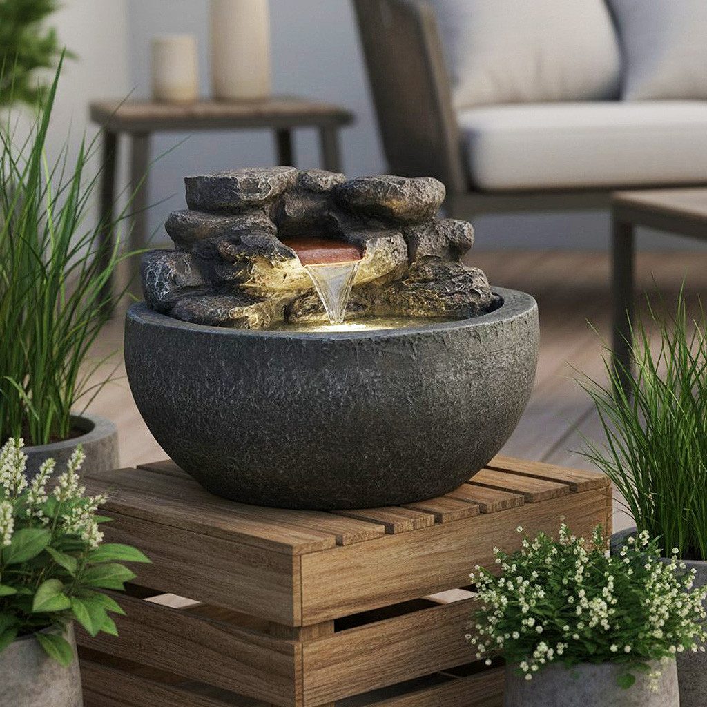 Arnusa Gartenbrunnen Zimmerbrunnen mit LED Beleuchtung Wasserfall Steinoptik Deko, Gartendekoration Wasserspiel