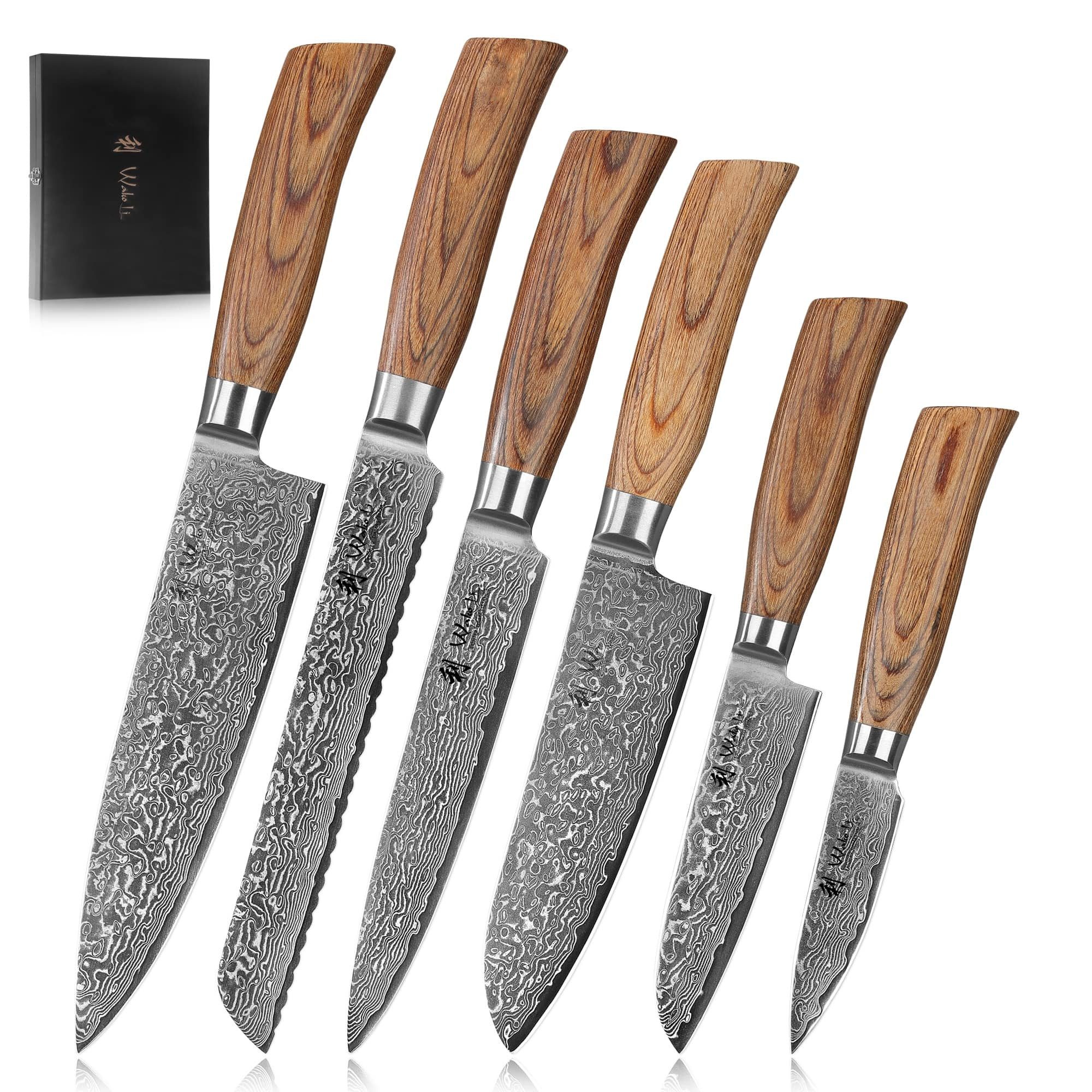 Wakoli Messer-Set Edib Pro 6er Damastmesser-Set I Holzbox I 8-20cm Klingen I Pakkaholz