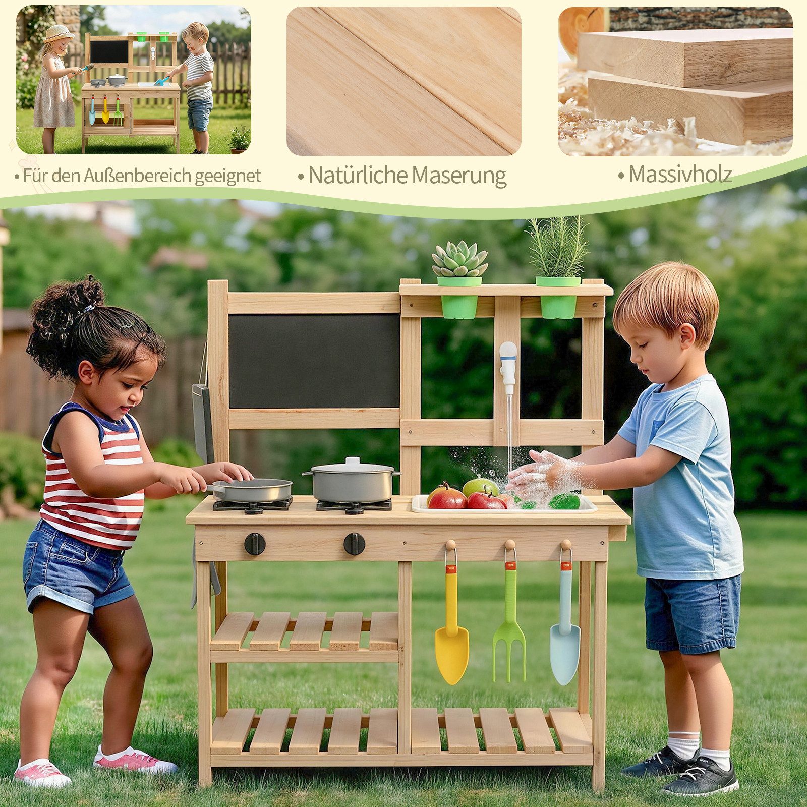 LALAHO Outdoor-Spielküche Kinder Matschküche mit Spüle, Herd, Pflanztöpfen, Tafel, Gartenküche Garten Spielset Spielküchen 77 x 35 x 94 cm