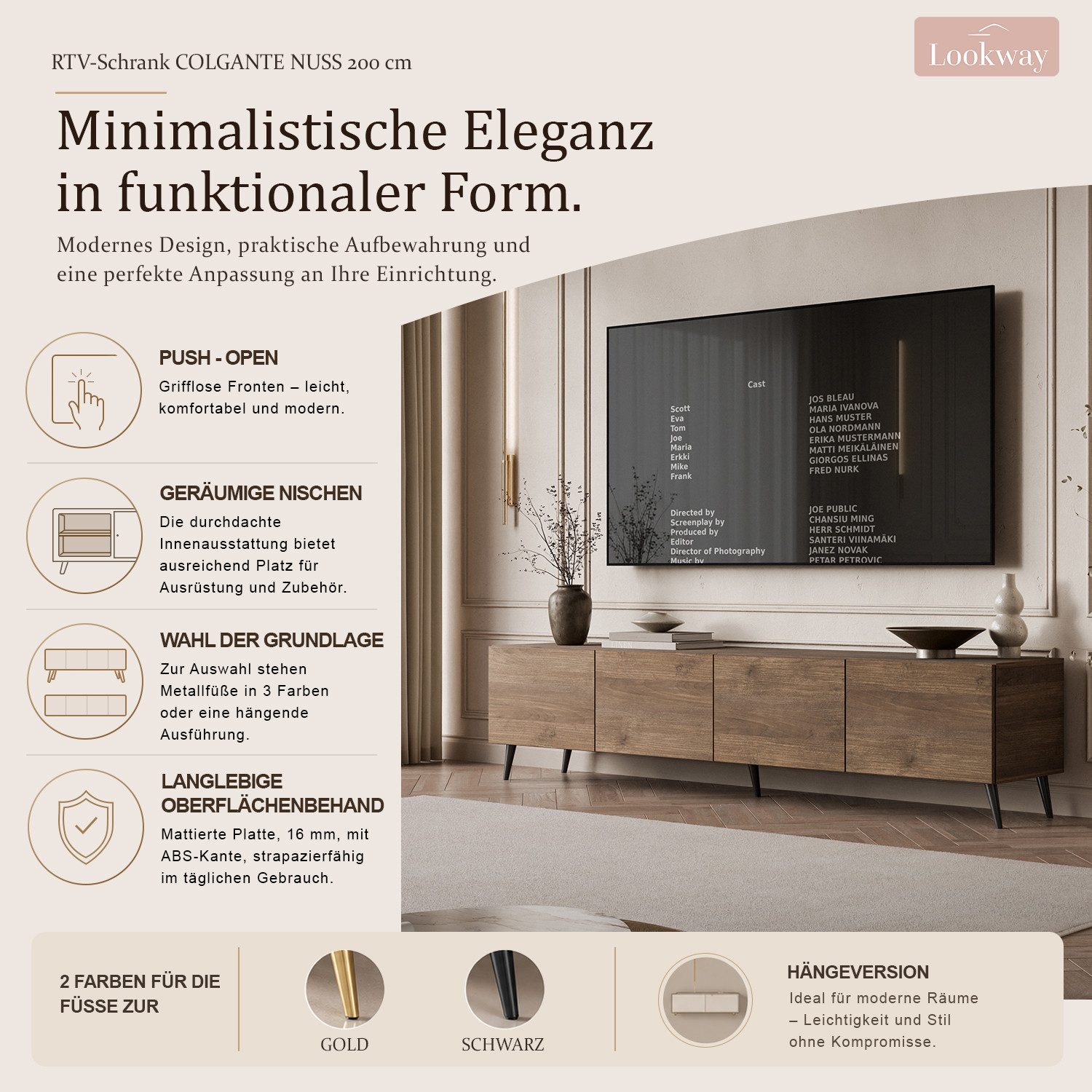 Lookway TV-Schrank COLGANTE in Nussbaum, 200 cm, auf hohen Füßen (2x TV- Schrank) Breite: 200 cm