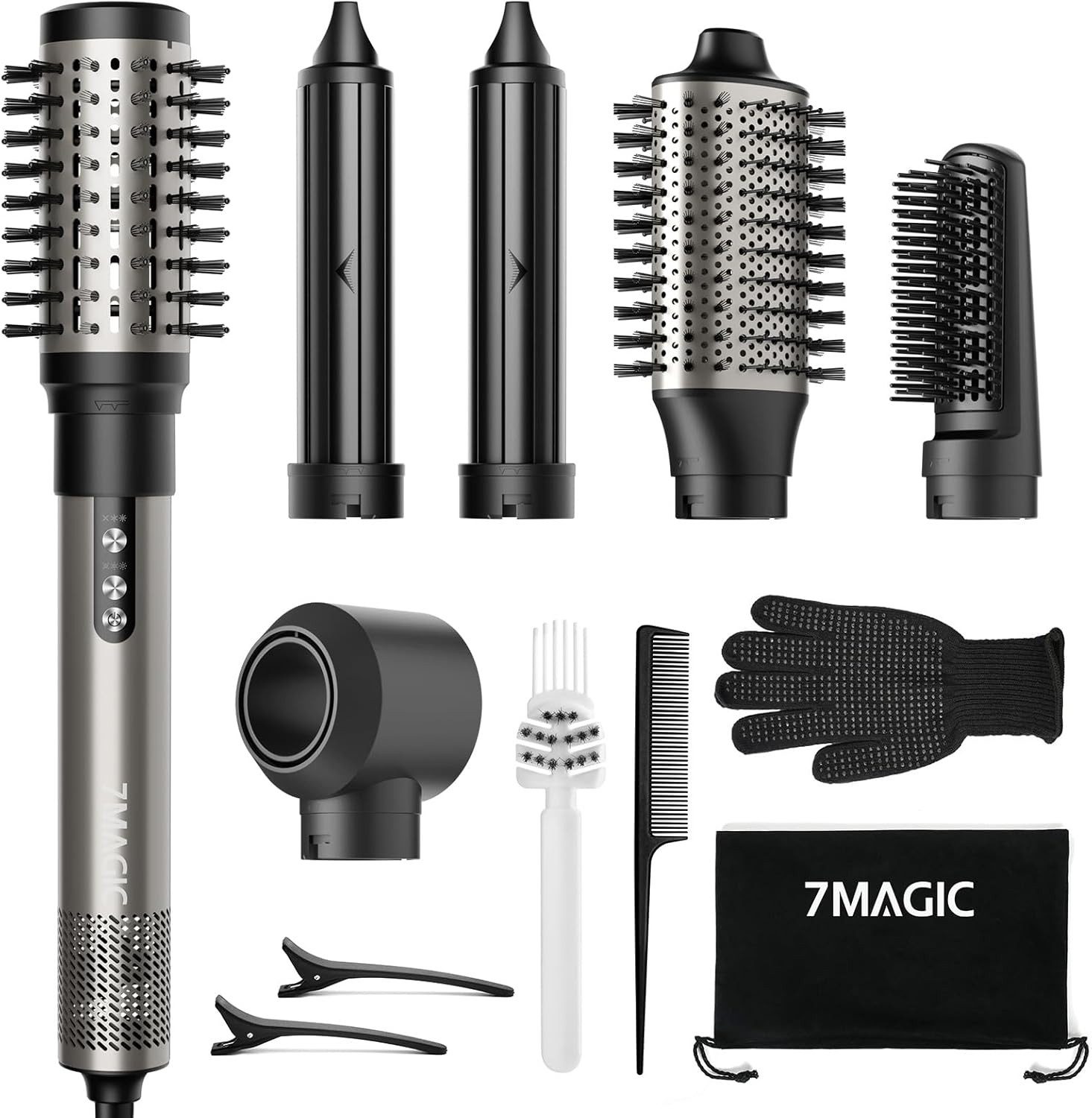 7MAGIC Warmluftbürste 6 in 1 Airstyler Ionen Föhn Multifunktionaler Hairstyler 110000 U/Min, Warmluftbürste mit 32mm Lockenstab Automatisch,Locken und Glätten