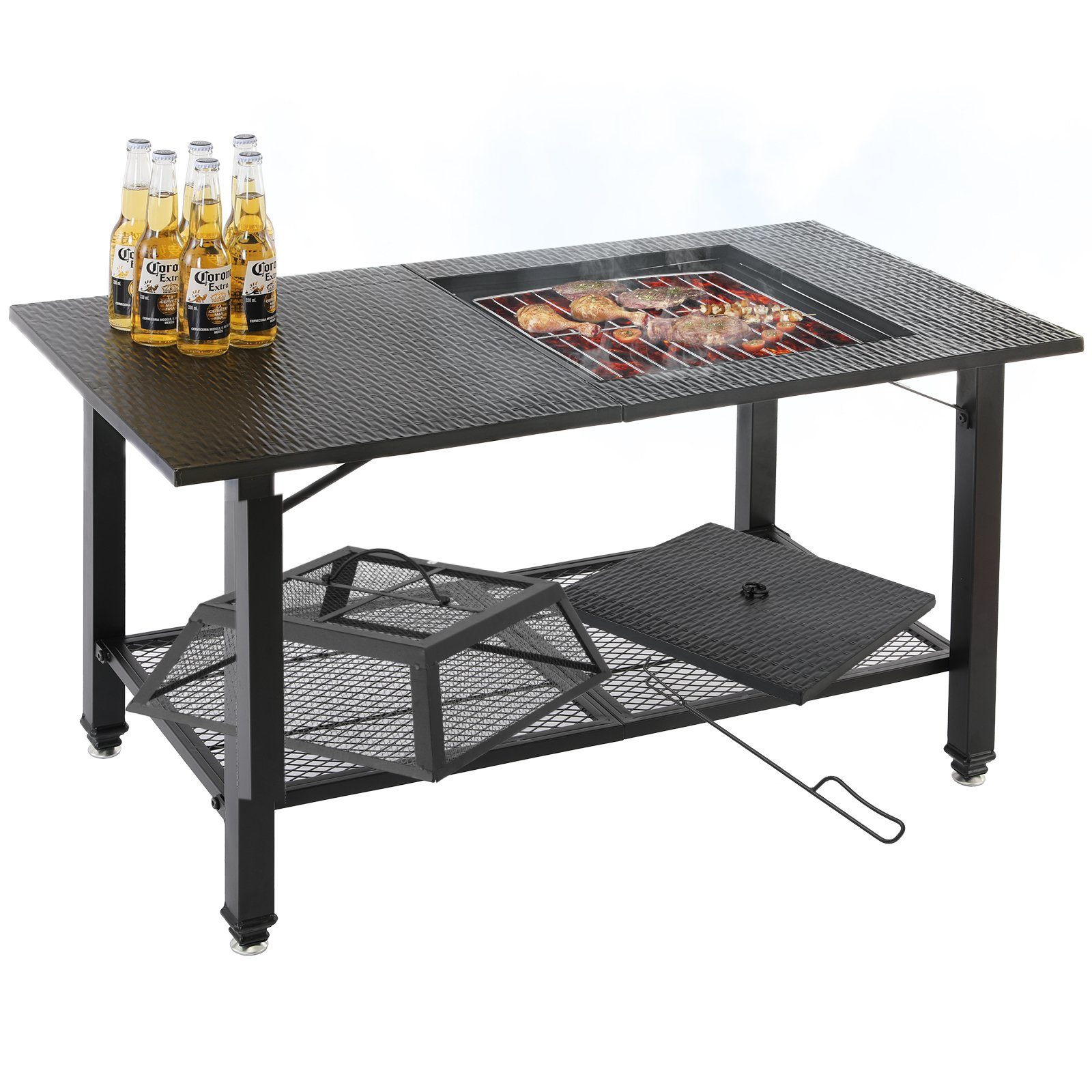 Femor Feuerschale 4in1BBQ Feuerschale mit Funkenschutz, Schürhaken