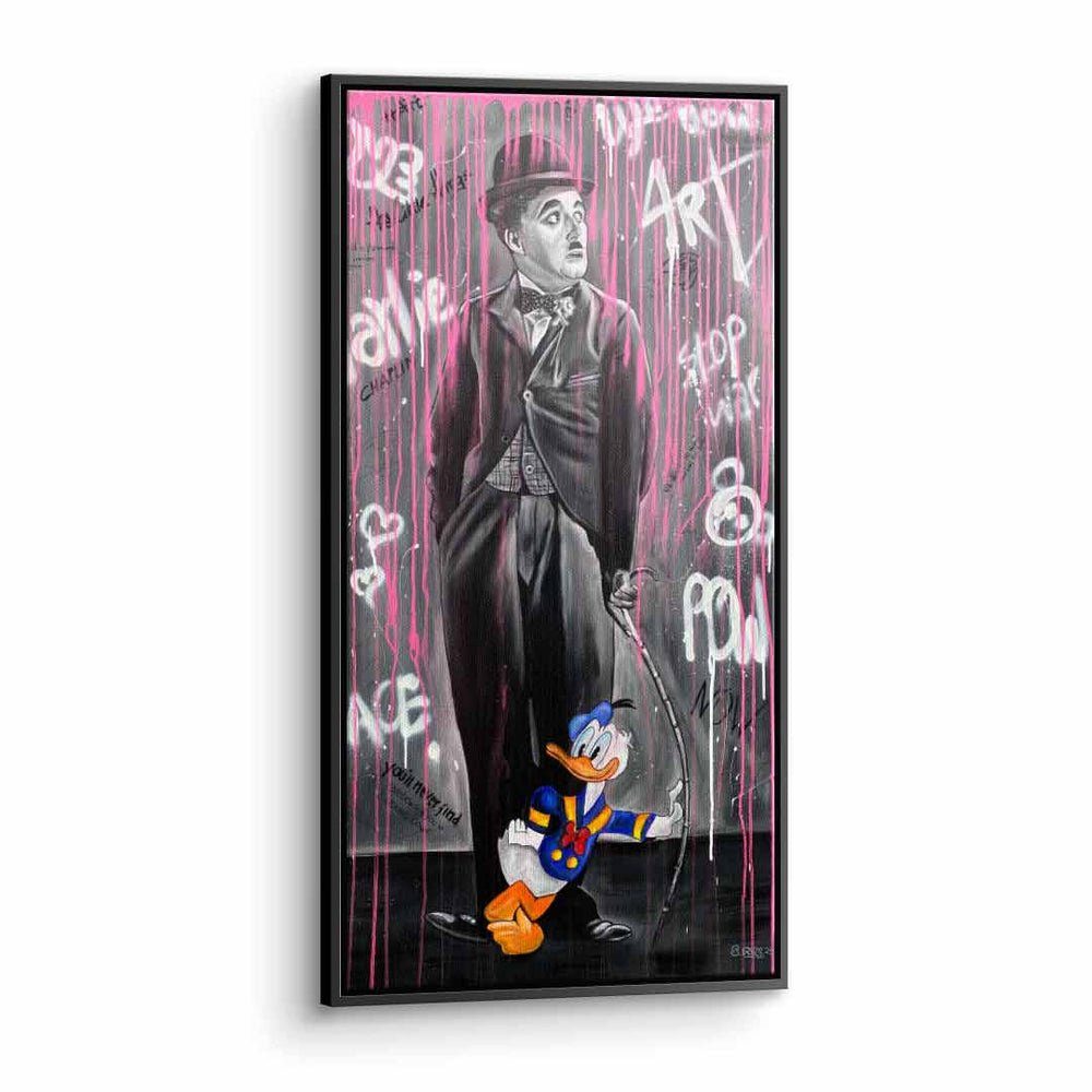 Duck Art Chaplin Pop Leinwandbild Rahmen weißer Leinwandbild, DOTCOMCANVAS® premium Donald mit Charlie Rahmen