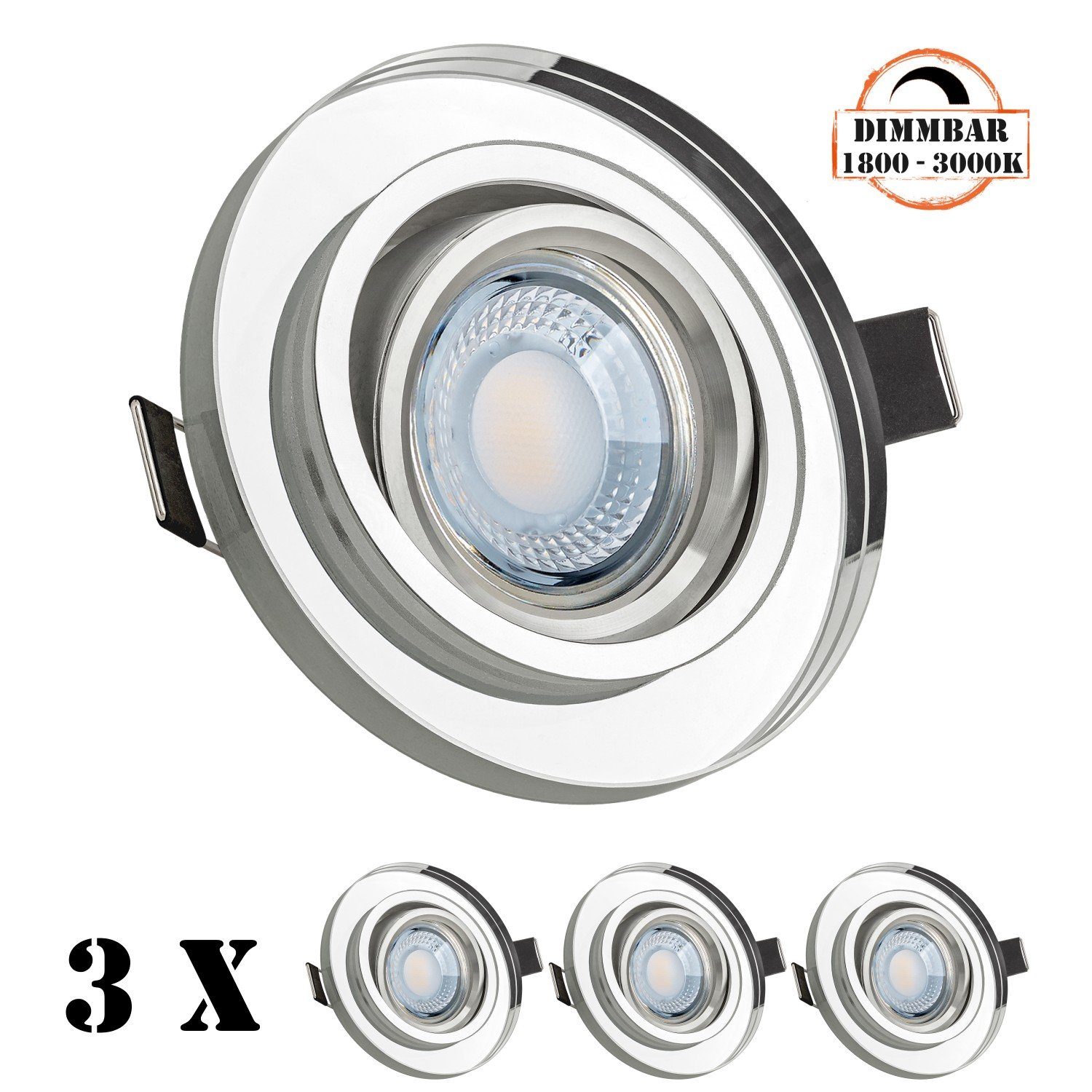 LEDANDO LED Einbaustrahler 3er LED Einbaustrahler Set extra flach in Glas / Kristall mit 5W LED v