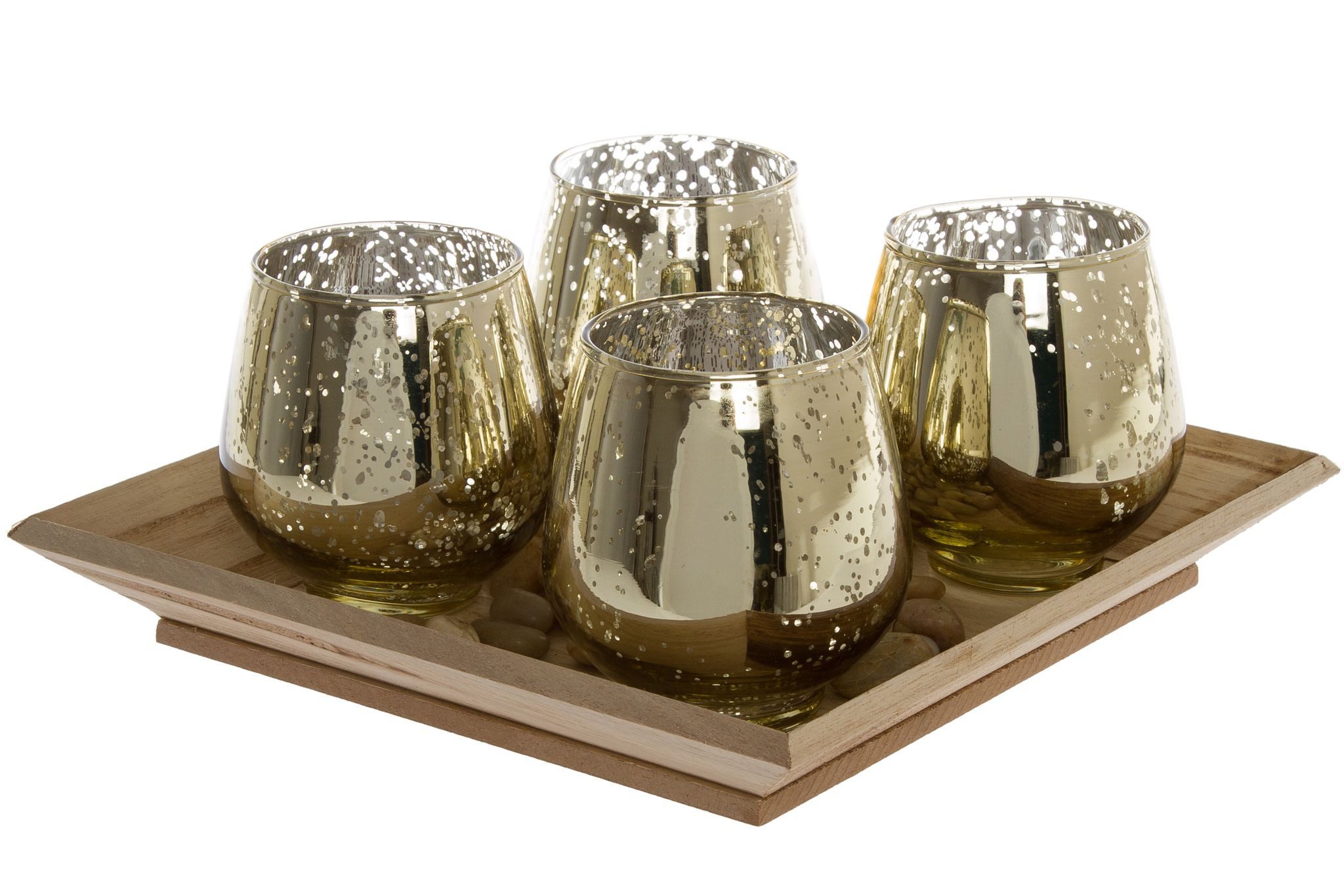 elbmöbel Windlicht Glaswindlichter 4er Set, Glaswindlicht: 4er Set Tablett 25x25x13 cm gold holz Teelichthalter Dekotablett