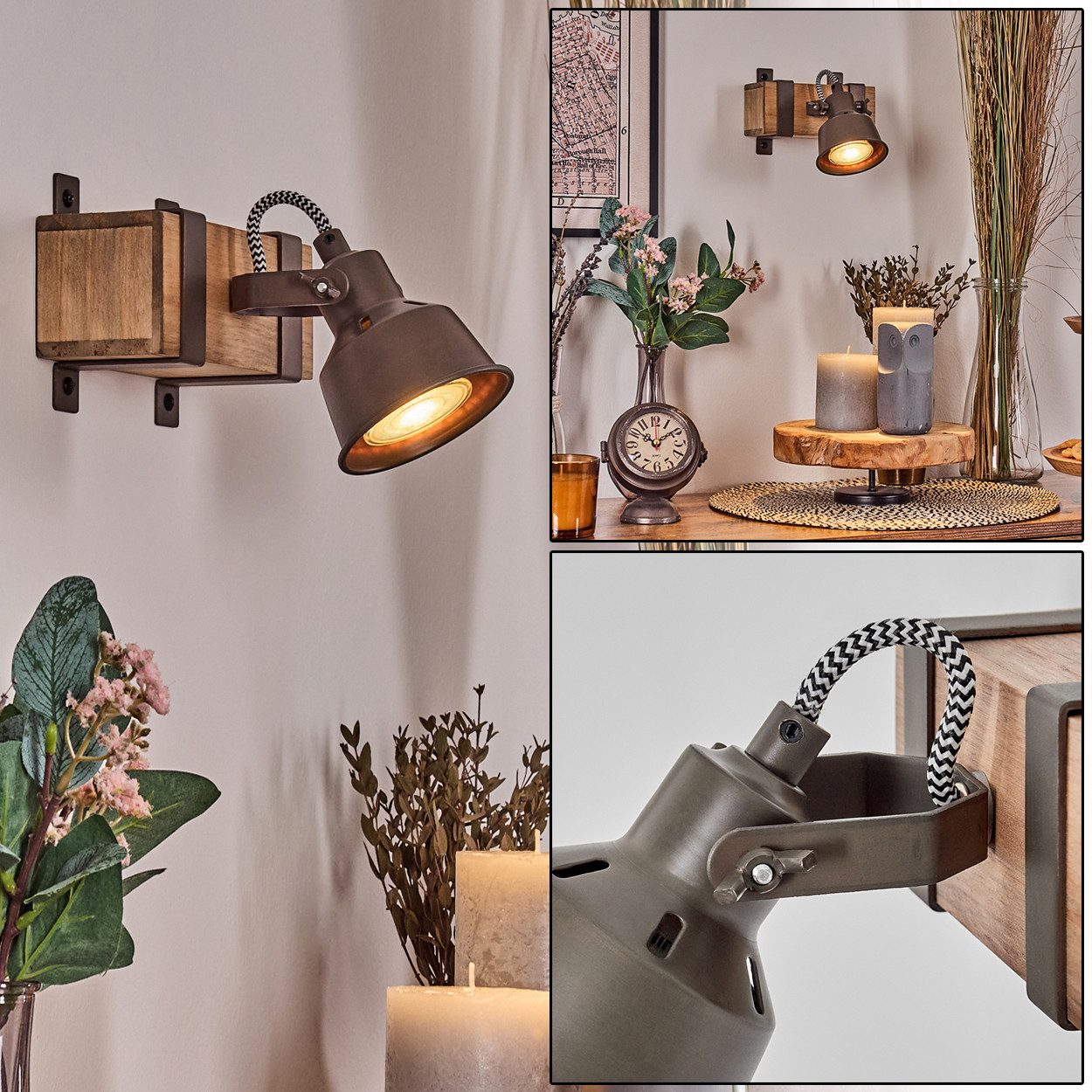 hofstein Wandleuchte Wandlampe aus Metall/Holz in Grau/Naturfarben, ohne Le günstig online kaufen
