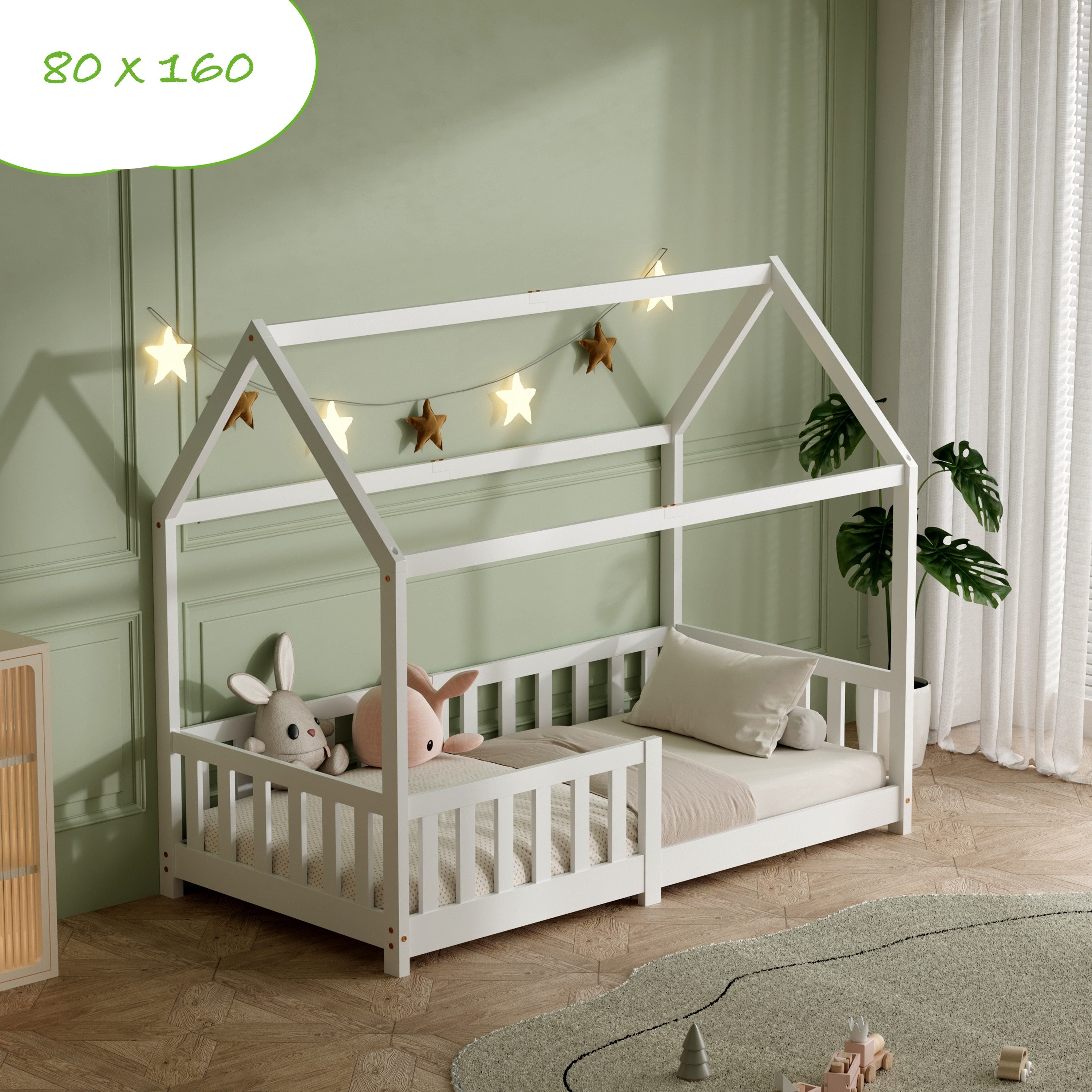 ecoMI Kinderbett Hausbett, Rausfallschutz, Lattenrost, 90x200 & 80x160, Wei günstig online kaufen