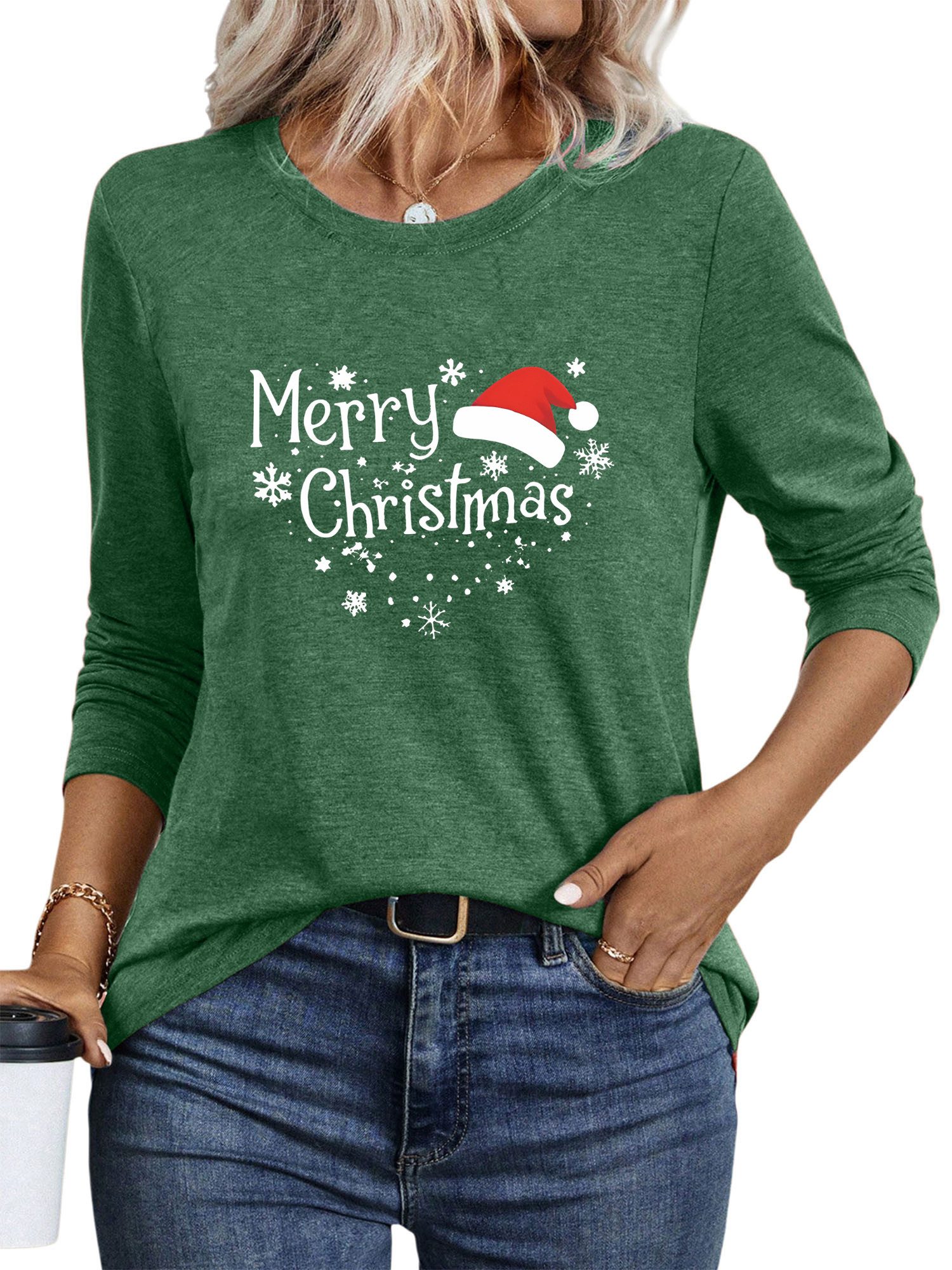 PYLIKE Rundhalsshirt Damen bequemes Weihnachten Longsleeve Shirt Festival Tops